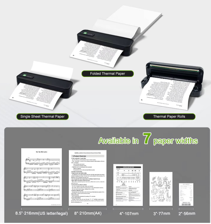 Portable Wireless Thermal Inkless Bluetooth Mini Printer A4 Travel Compact