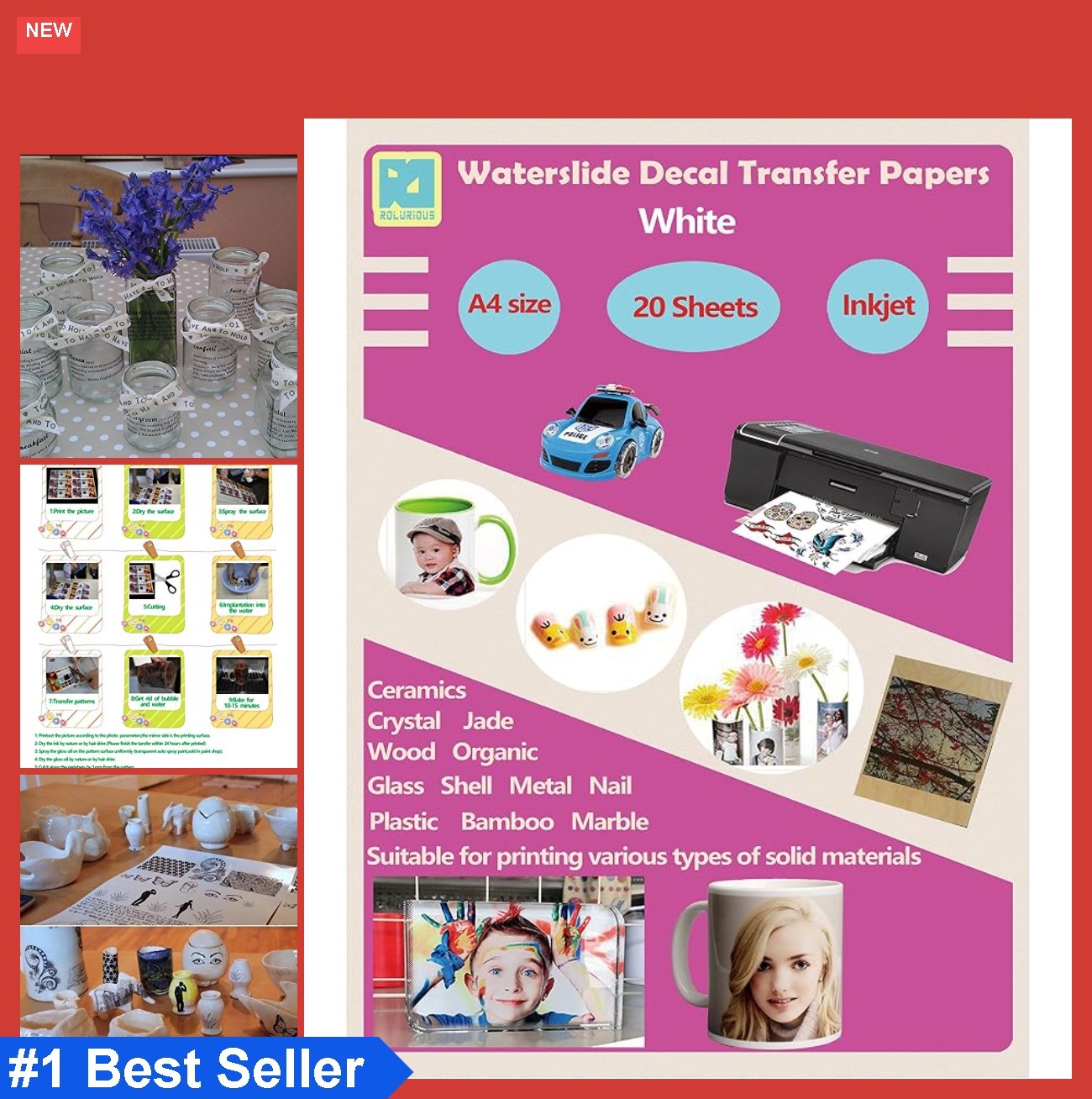 20 Sheets Inkjet White Waterslide Decal Paper A4 Size DIY Printable Water Slide