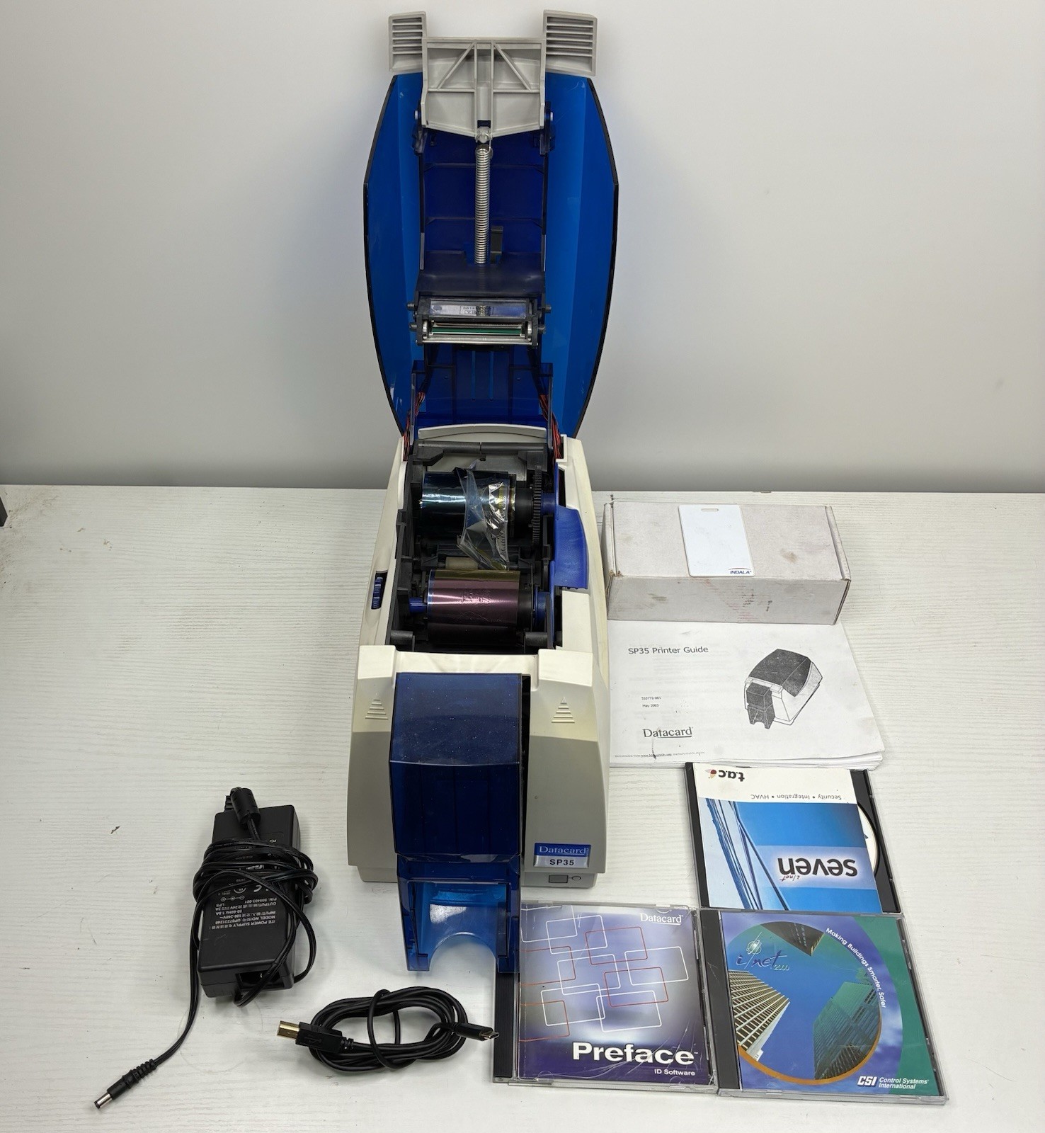 DataCard SP35 Plus Thermal Transfer One Sided Color ID Card Printer w/Extras