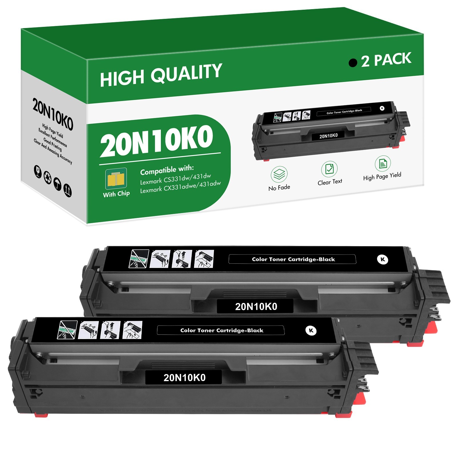 2 PK 20N10K0 Black Toner Cartridge With Chip for Lexmark CS331 CX331 CS431 CX431