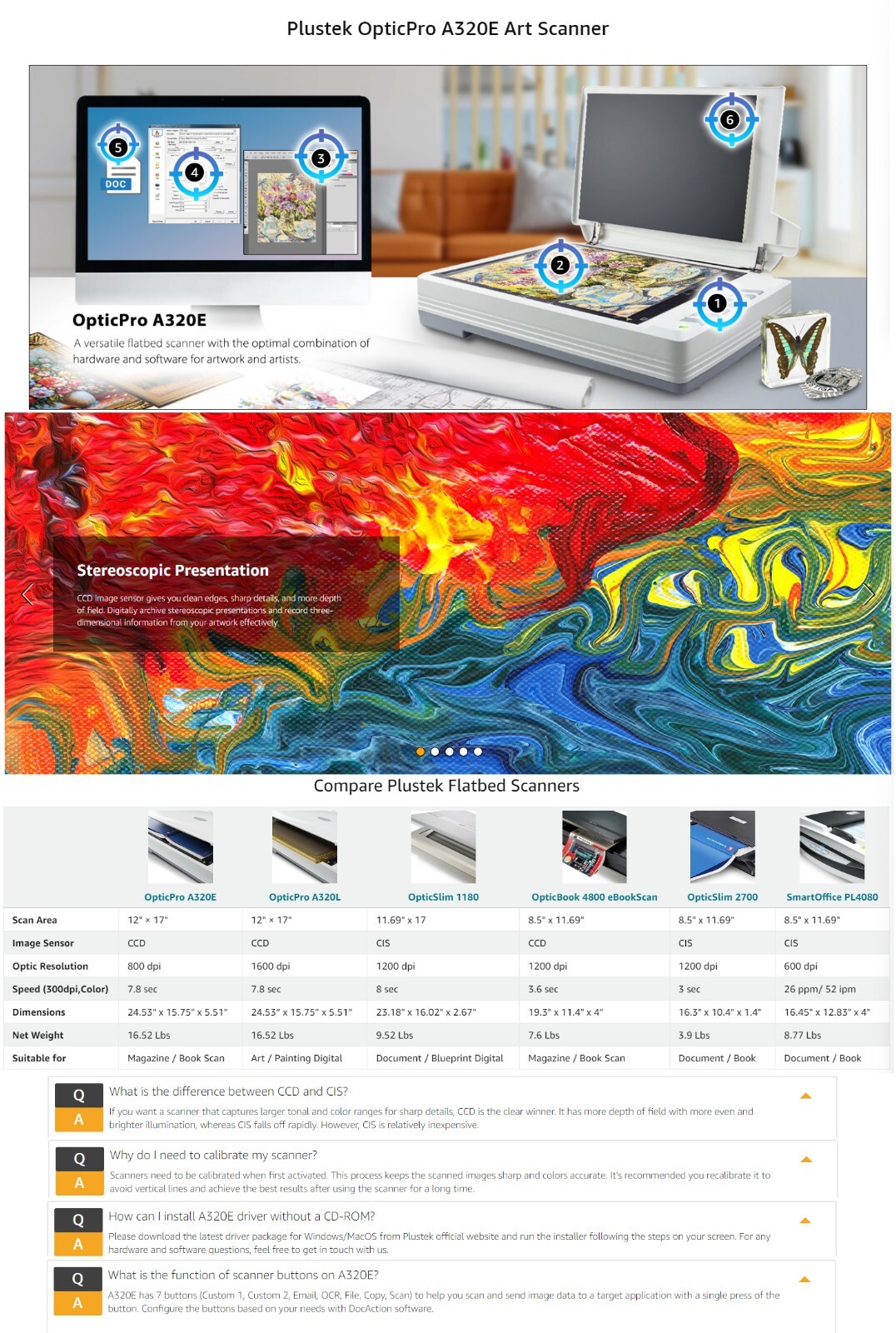 Plustek OpticPro A320E , CCD Sensor Flatbed Scanner , Fof Mac and Windows