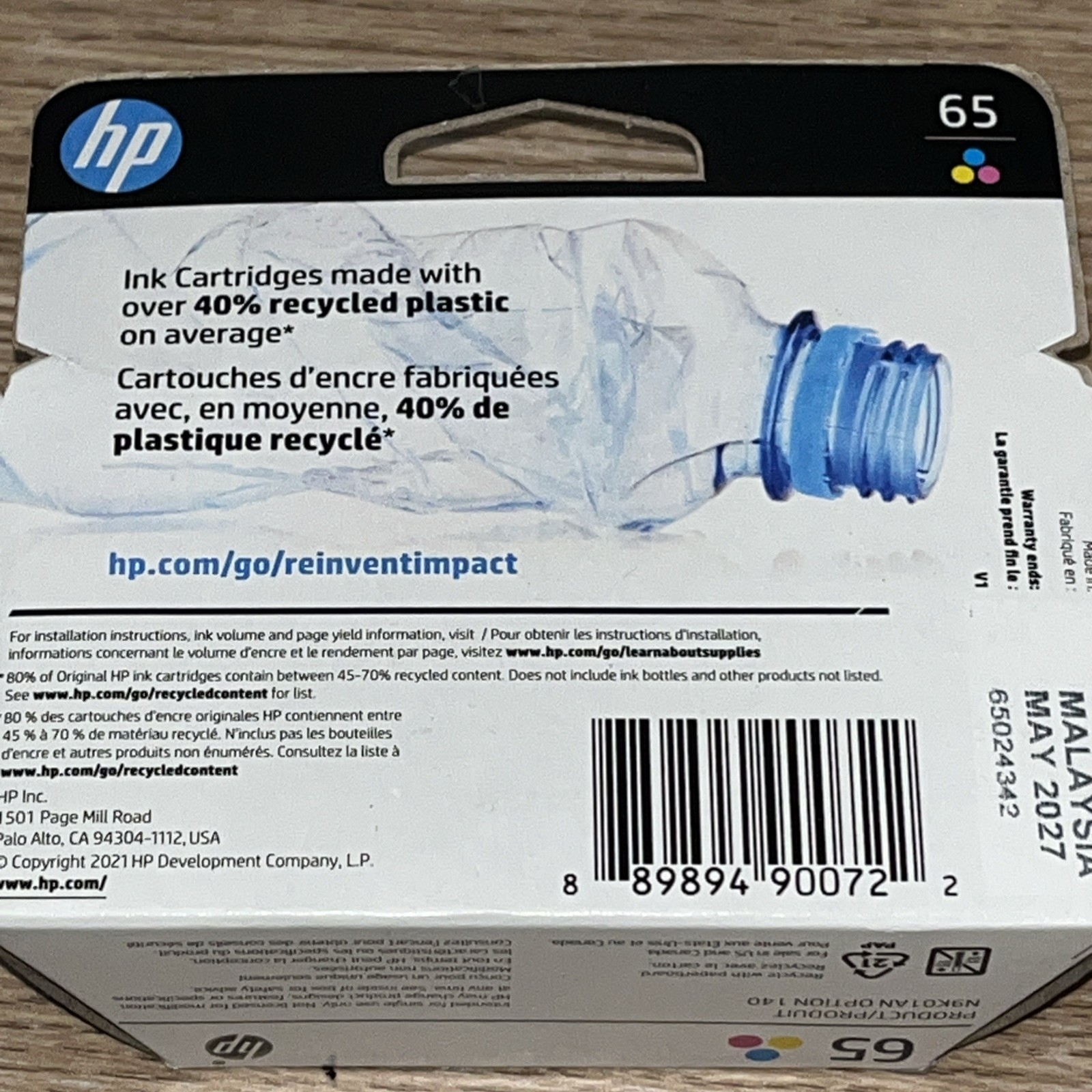 HP 65 TRI COLOR INK CARTRIDGE EXP MAY 2027 New Sealed