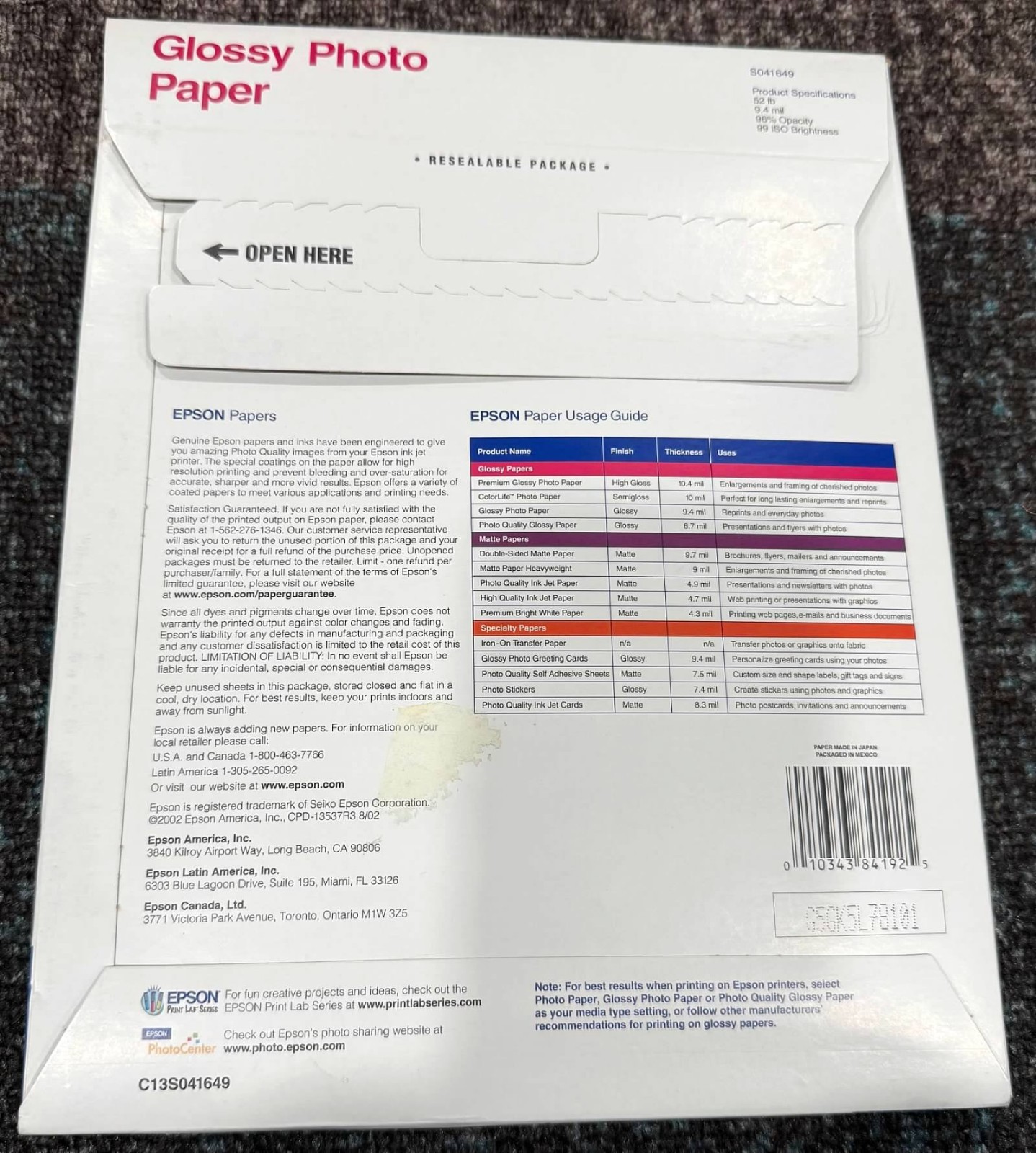Epson Premium Photo Paper PREMIUM GLOSSY (8.5X11 IN, 50 Sheets) (S041649)