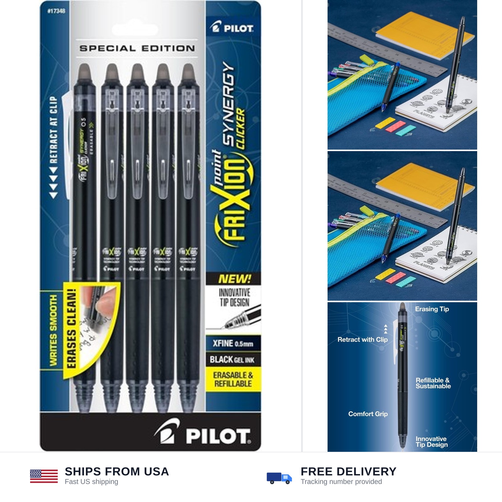 PILOT FriXion Synergy Clicker Erasable, Pack of 5, Black Ink
