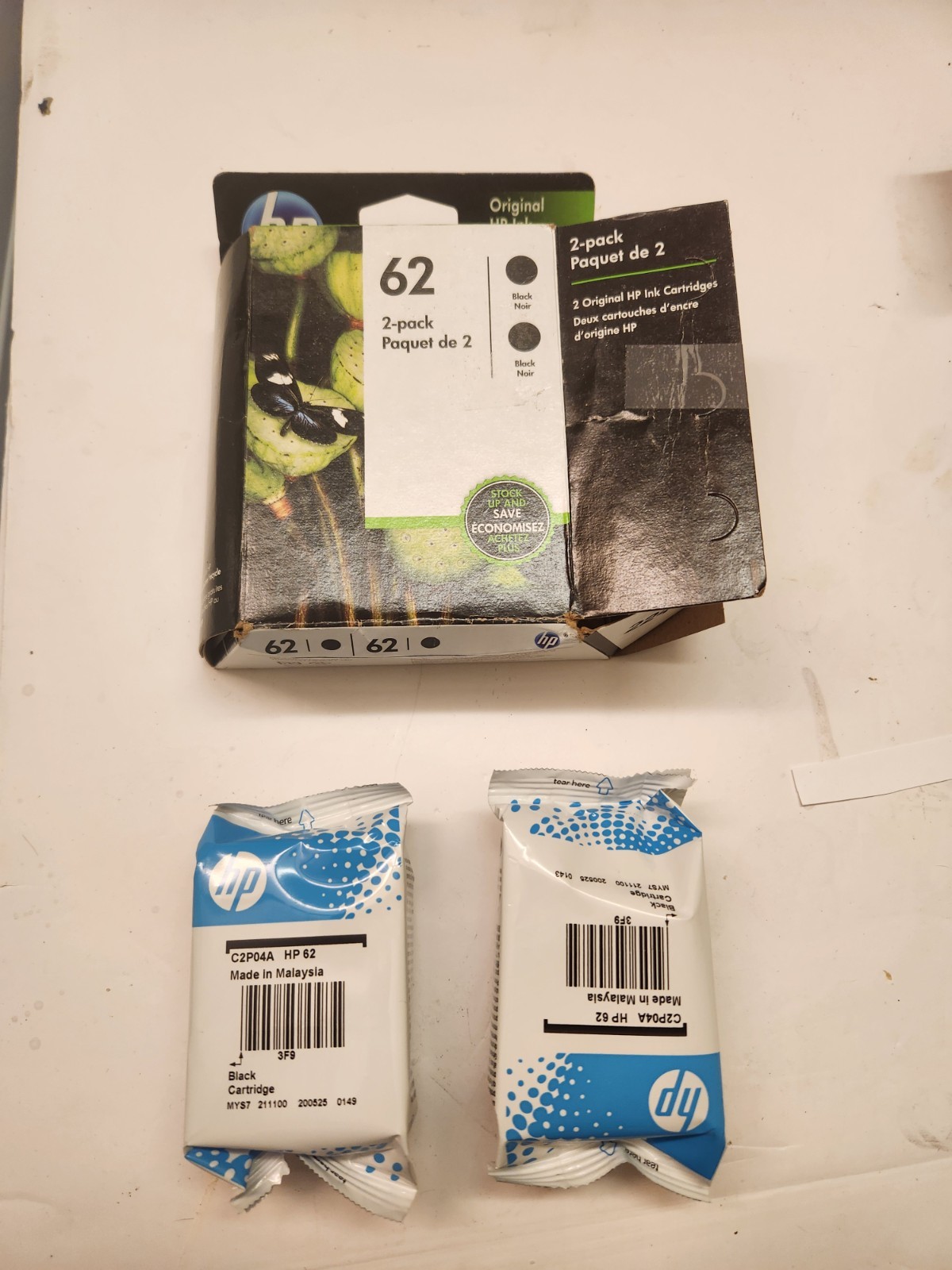 Pack OF 2 GENUINE HP 62 BLACK INK CARTRIDGES – Open Box TO852-8004 2/2018
