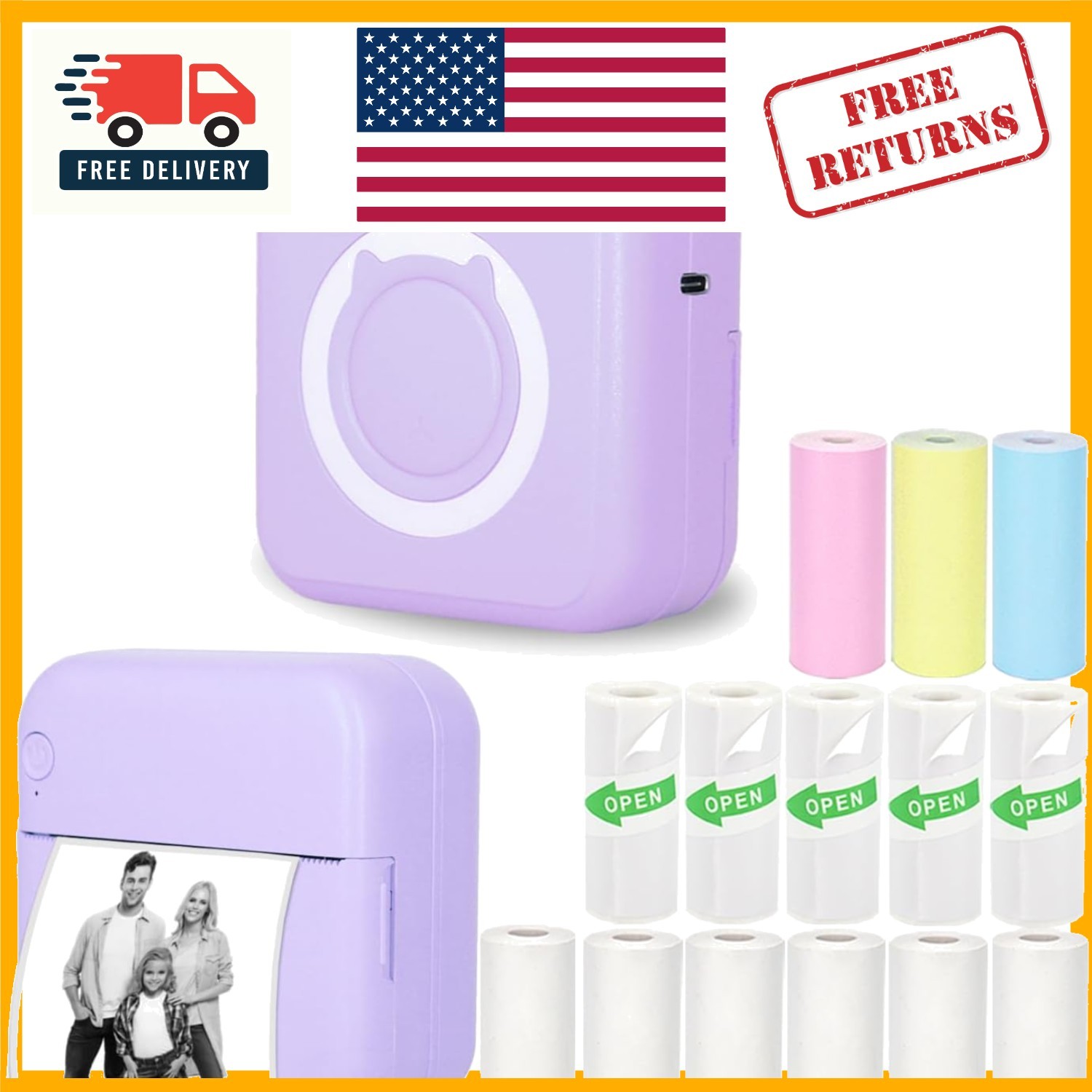 Compact Inkless Pocket Printer with 14 Paper Rolls, Bluetooth for iPhone/Android