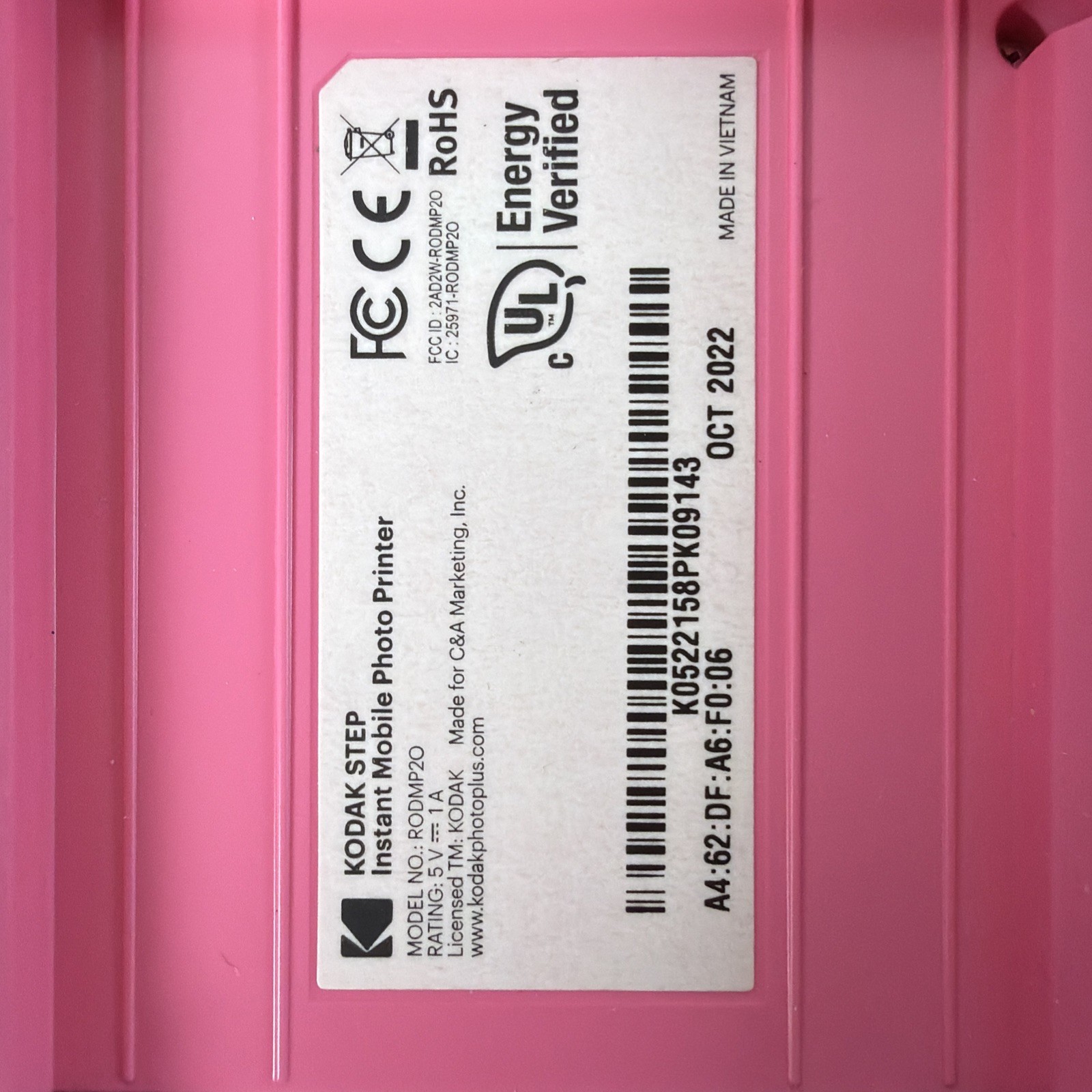 Kodak Step Printer, Pink,Instant Wireless Printer, Zink, Great Cond 5 Sheets
