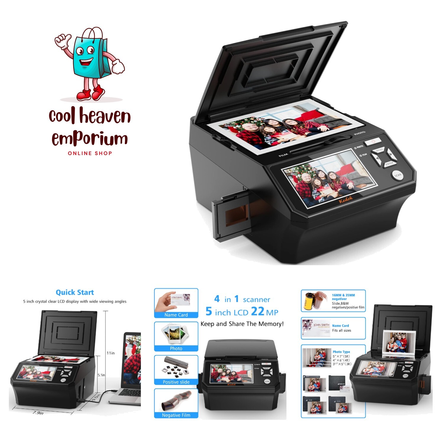 Compact 22MP Photo & Negative Scanner – 5″ Screen for Easy Memory Digitization