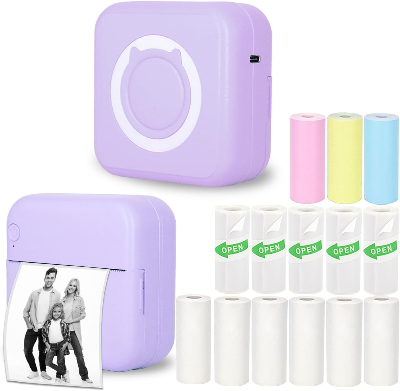 Compact Inkless Pocket Printer with 14 Paper Rolls, Bluetooth for iPhone/Android