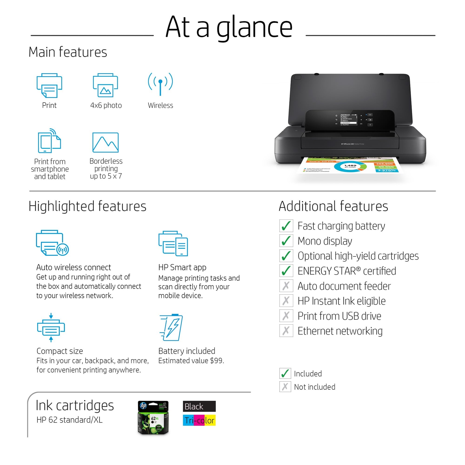 HP OfficeJet 200 Wireless Mobile Printer, Battery included (CZ993A)