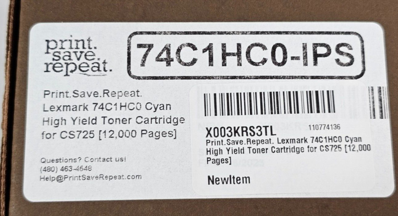 Lexmark 74C1HC0 Cyan High Yield Toner Cartridge for CS725, 12,000 Pages Printer