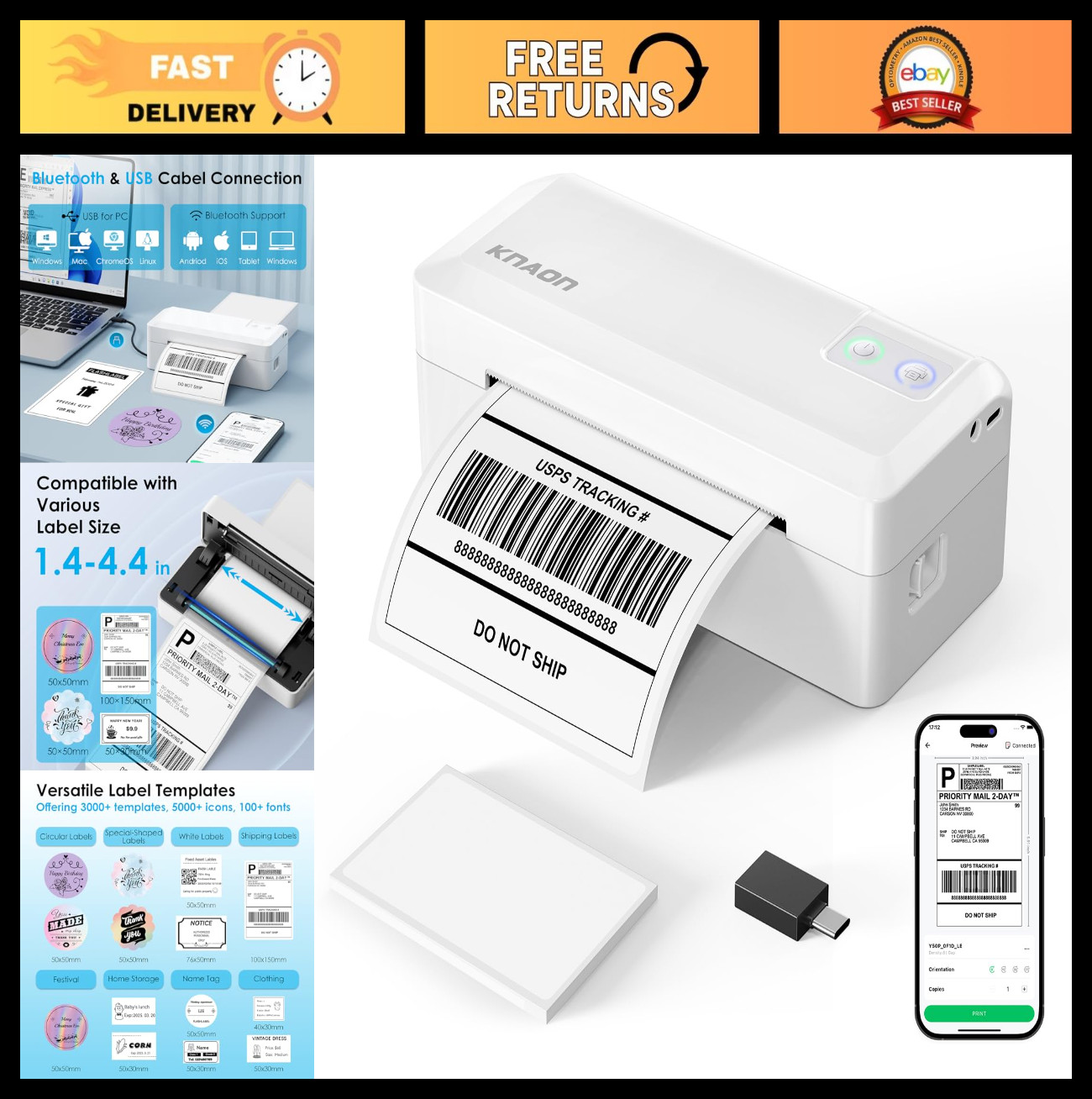 Portable 4×6 Thermal Label Printer – Bluetooth, Supports iPhone, Android, Window