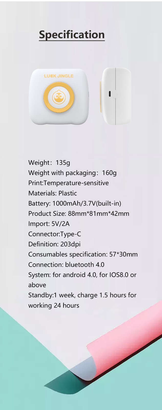 Luck Jingle Pocket Mini Printer BT Wireless Thermal Printer Android IOS WHITE