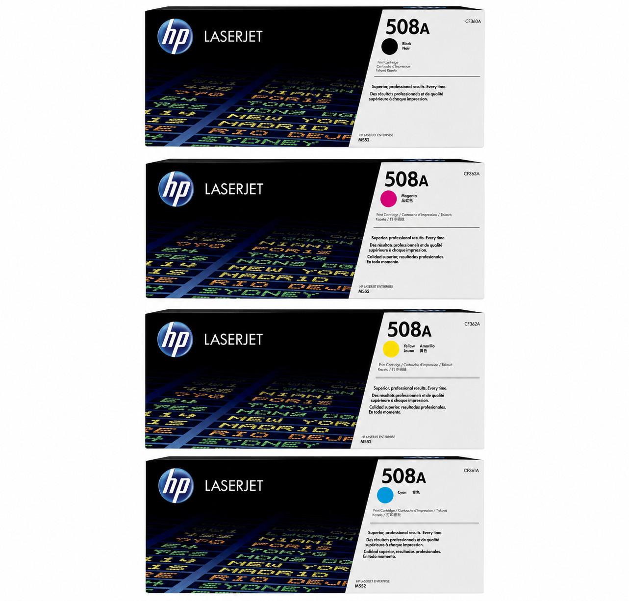 HP 508A 4 Pack Full Toner Set Black, Cyan, Magenta, Yellow (CF 360A-CF 363A)