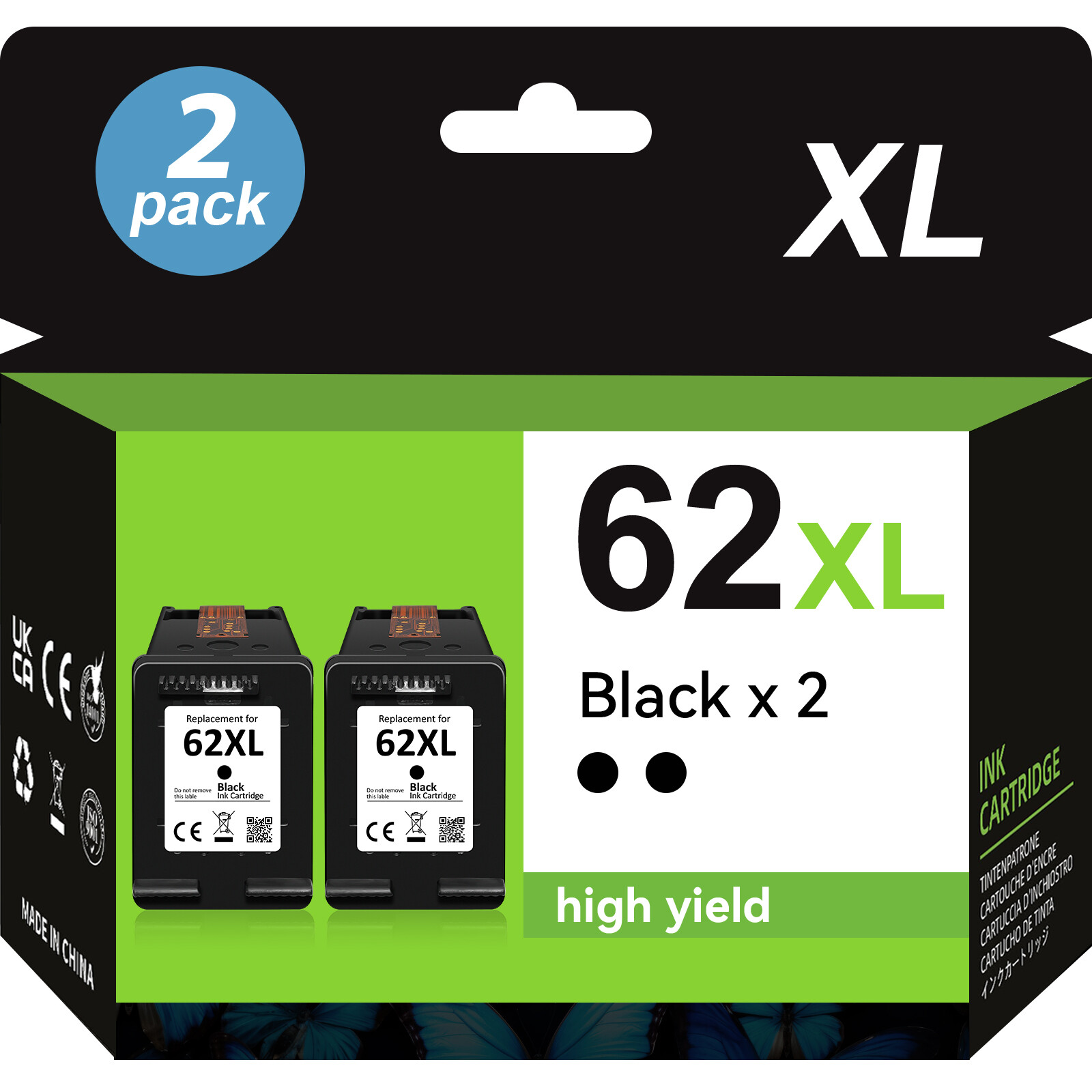 2PK Black for HP 62 XL Ink Cartridge ENVY 5664 5665 7644 OfficeJet 200 5740 8040