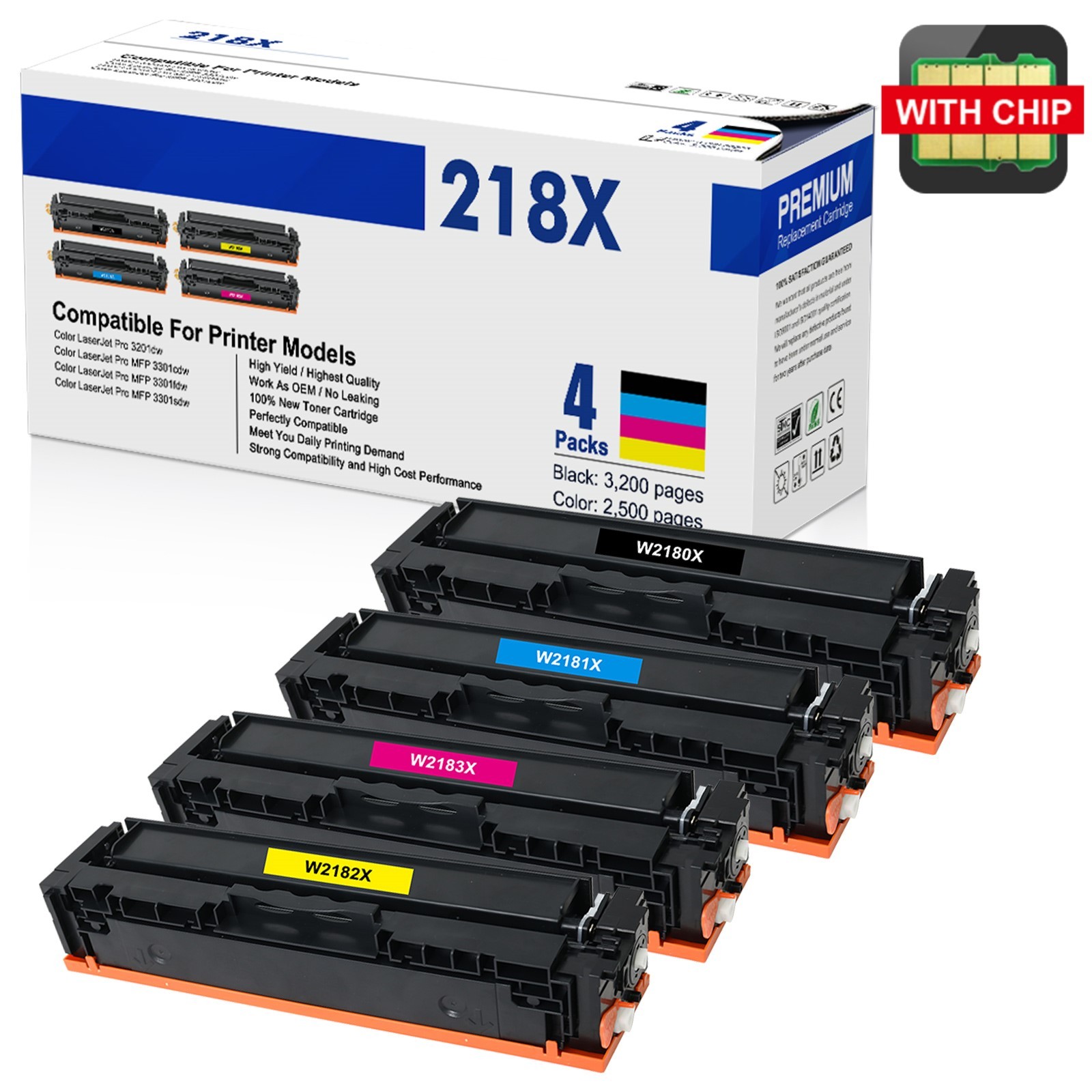 4PK 218X W2180X W2181X W2182X W2183X Toner for HP 3201dw MFP 3301fdw – With Chip