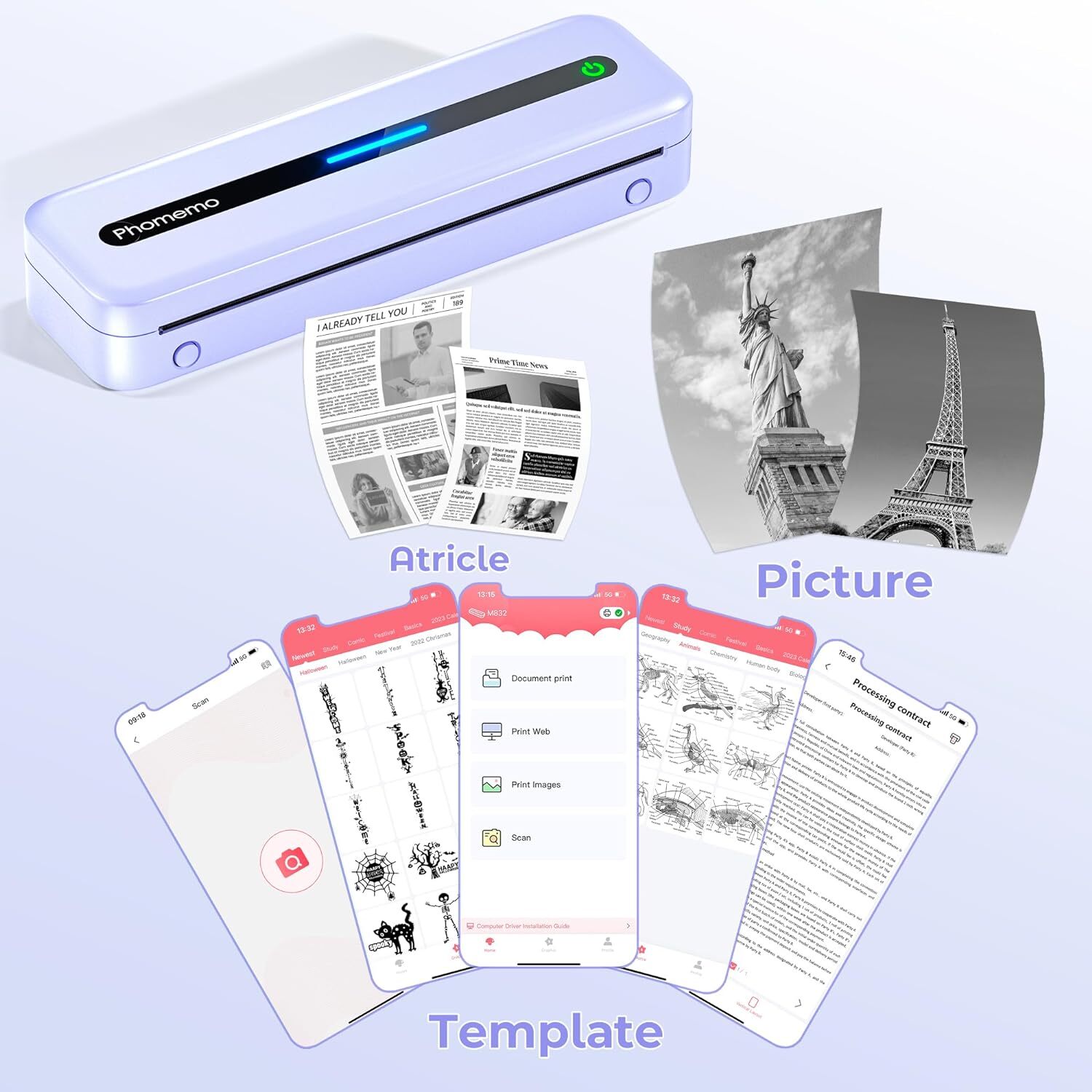 Phomemo M832 Thermal Printer Wireless Inkless Printer for Travel Office Home LOT