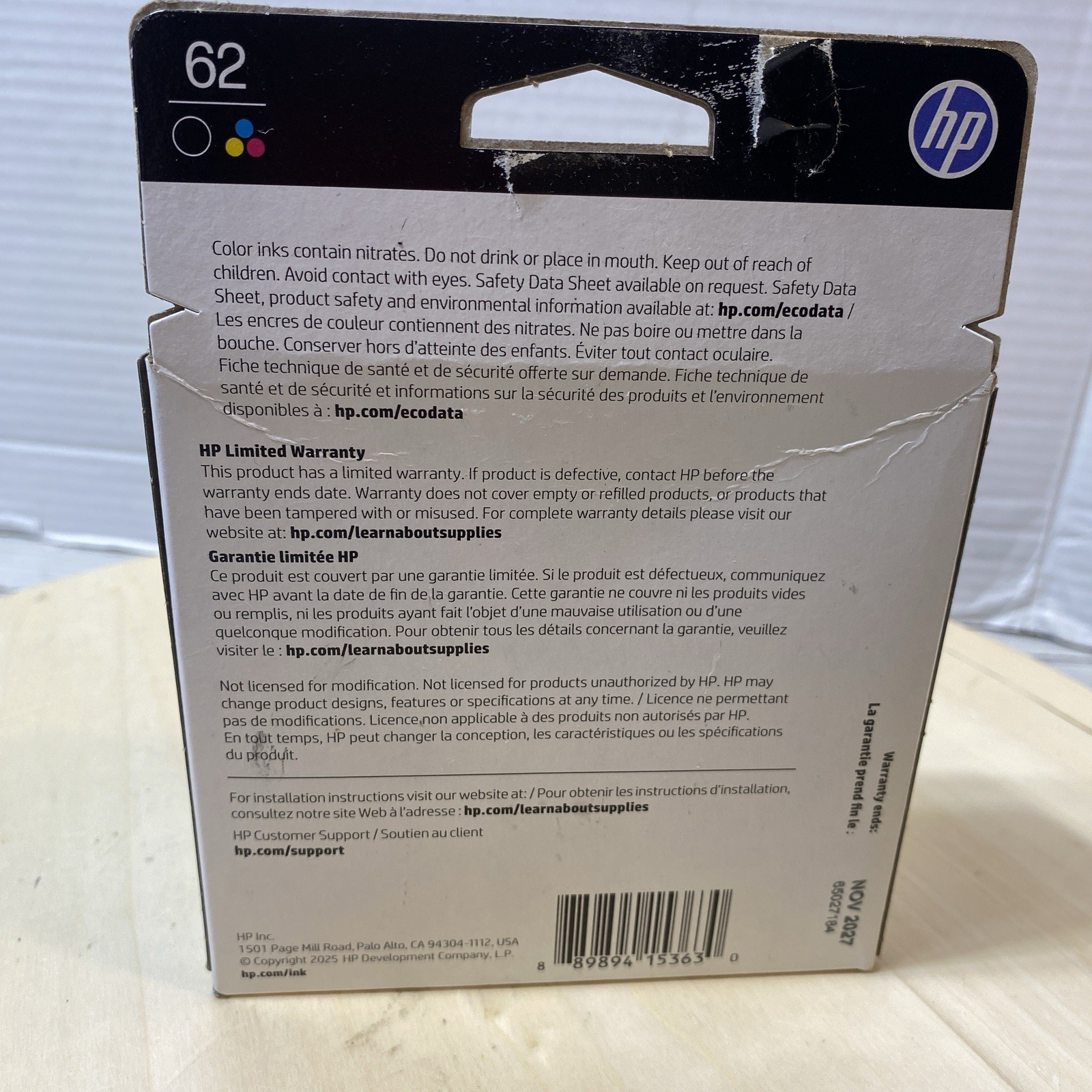 Genuine HP 62 Black & 62 Tri-Color Ink Catridges 2 Pack Exp Nov-2027 NEW