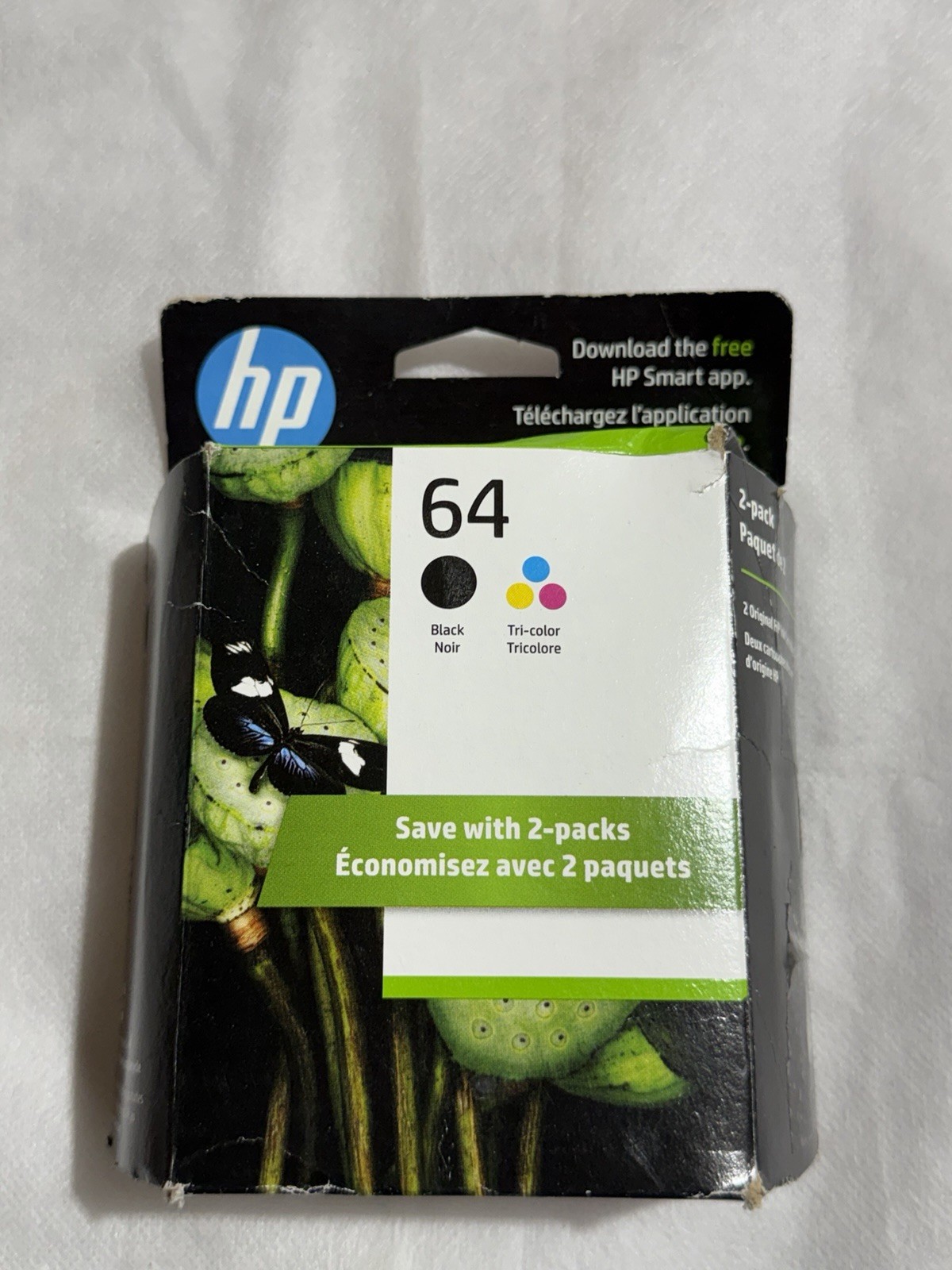 Genuine HP 64 Black & Tri-Color Ink Cartridge 2-Pack NEW Damaged Box OEM