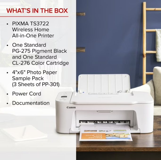 Canon PIXMA TS3722 Wireless All-In-One Inkjet Printer for Home Office