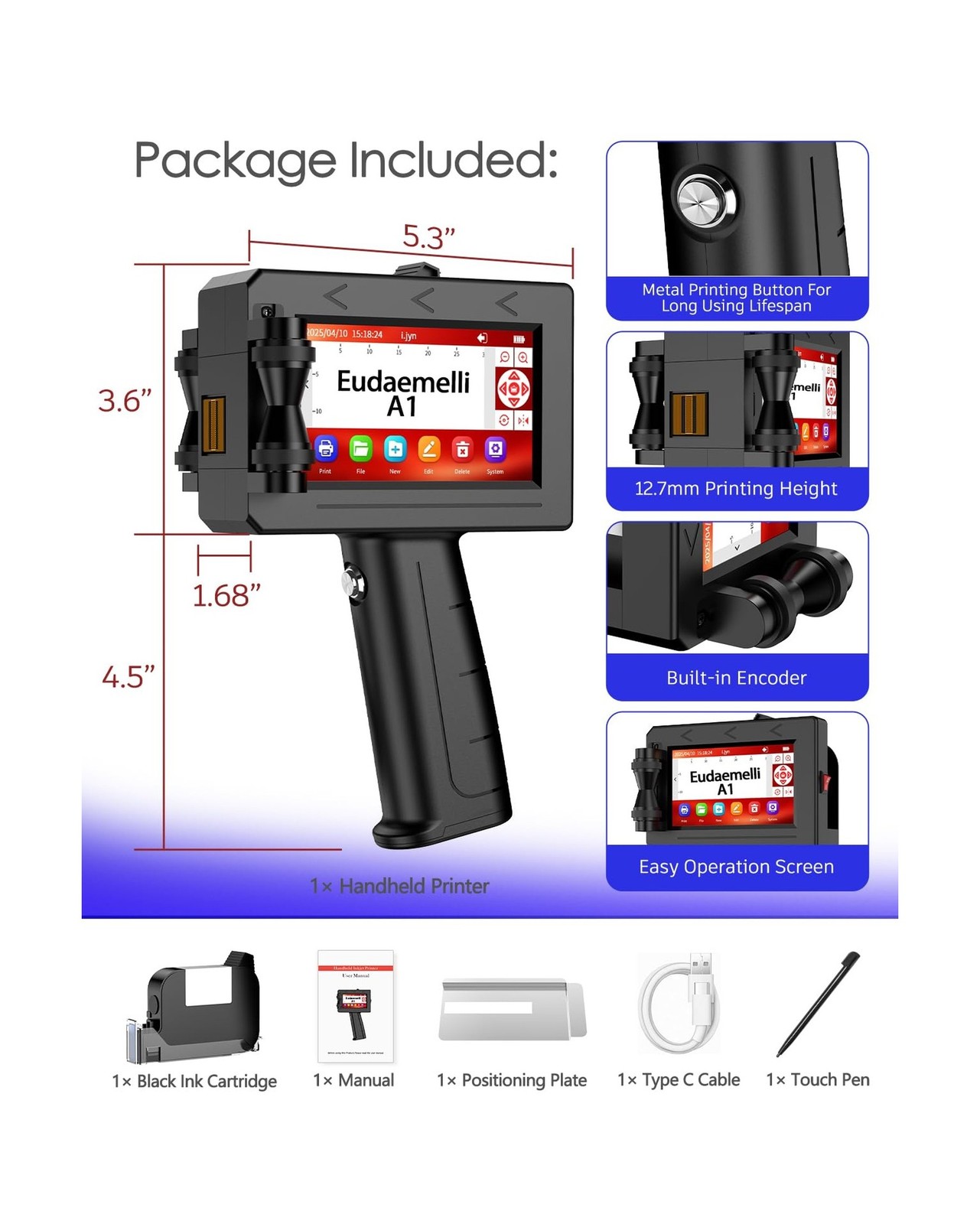 A1 Handheld Inkjet Printer Gun,0.5 Inch Portable Handheld Ink jet Printer Gun…