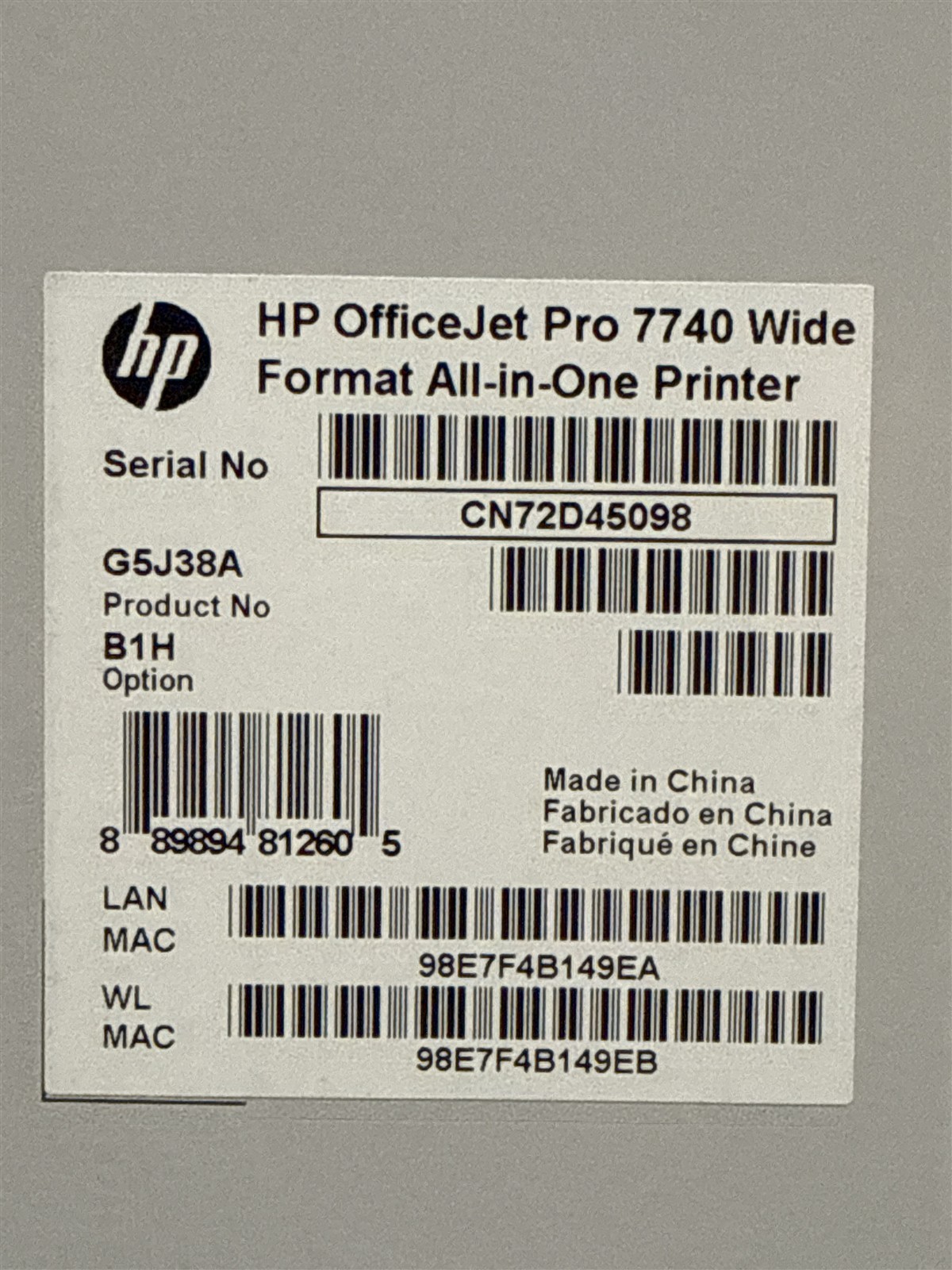 HP OFFICEJET PRO 7740 WIDE-FORMAT AIO PRINTER G5J38A B1H OPTION NEW OPEN BOX