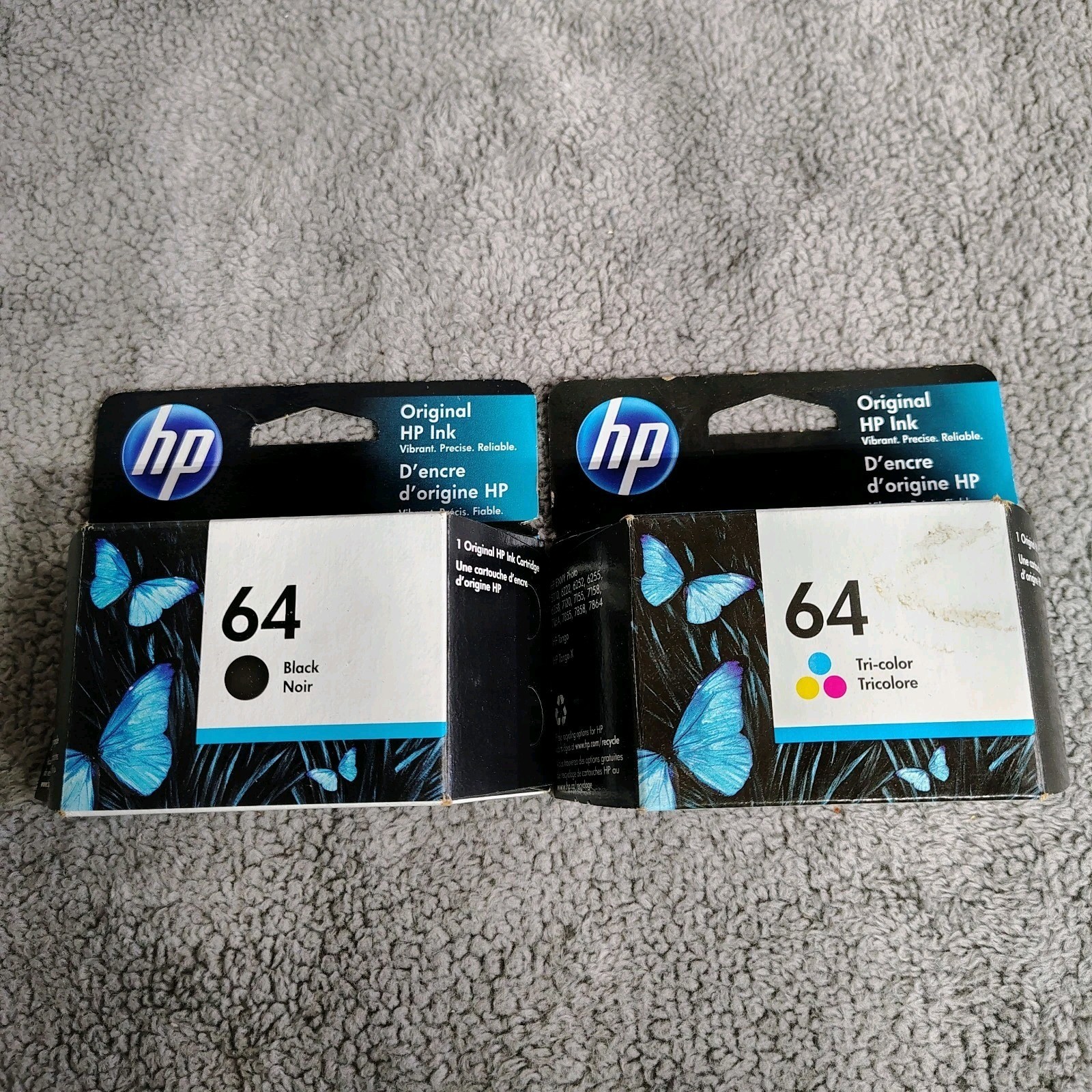 HP 64 Tri-Color and HP 64 Black Ink Cartridges Genuine OEM, 08/2023 and 05/2023