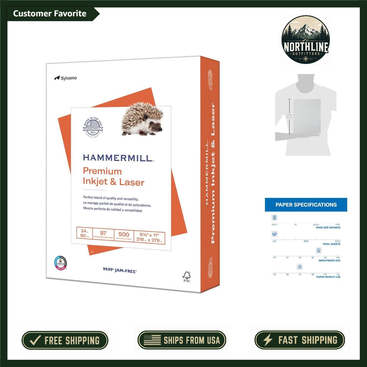 Sustainable Printer Paper, 24 lb, 8.5 x 11 Inches, 500 Sheets, Acid-Free