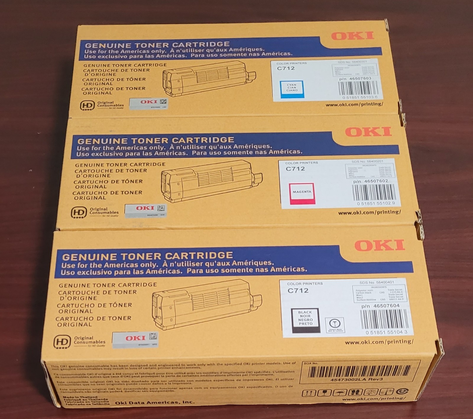 Set of (3) New Sealed Genuine OKI C712 Toner Cartridge Black, Magenta & Cyan