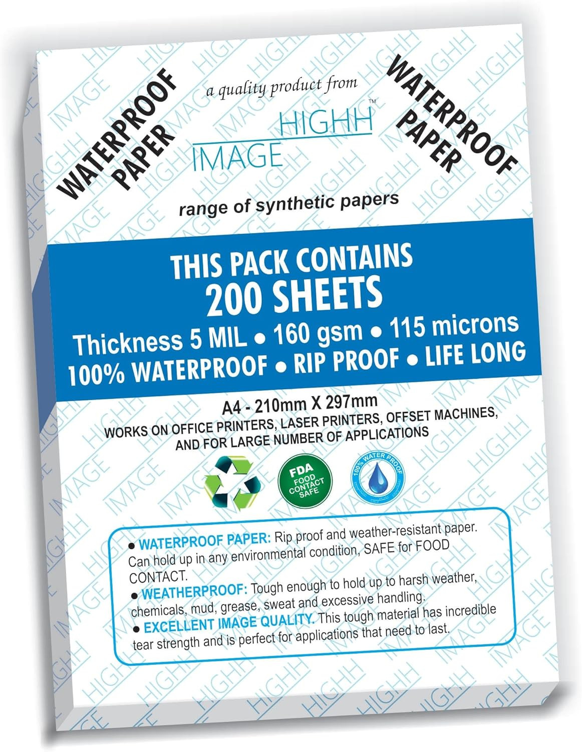 Waterproof Non-Tear Paper for Laser Printers – 200 Sheets, 8.5×11, 5 Mil