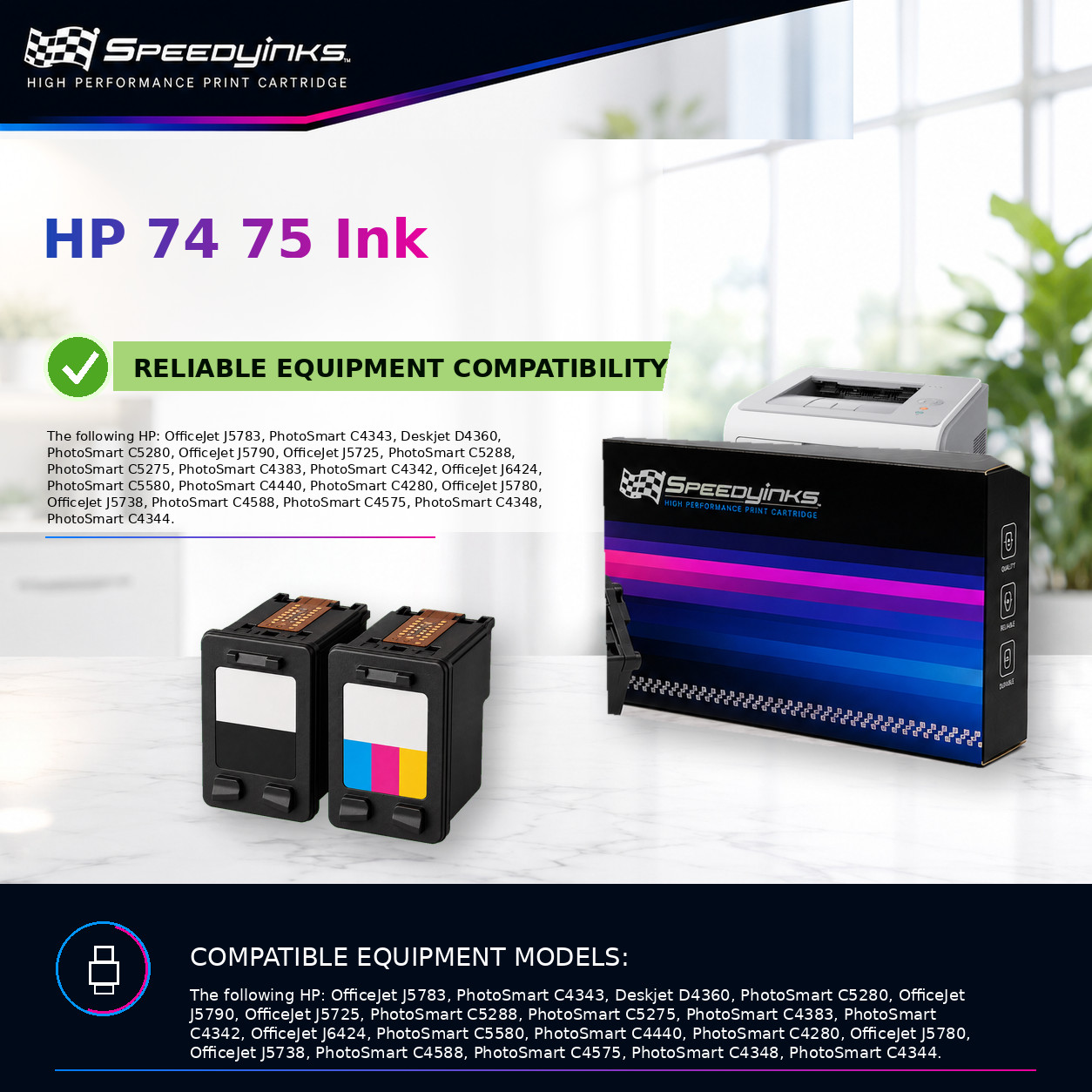 Replacement Ink for HP 74XL CB336WN & HP 75XL CB338WN: 1 Black & 1 Color 2Pk
