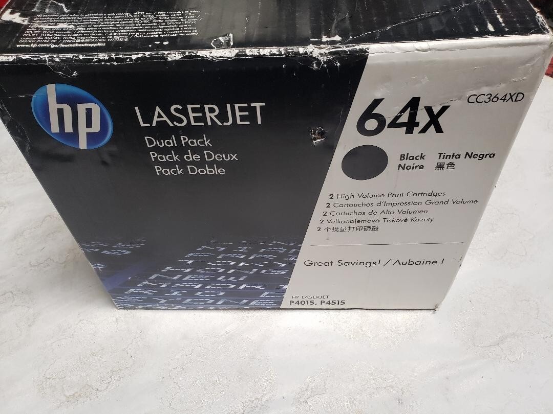 HP Genuine 64X Black Toner CC364XD Dual Pack Open box.