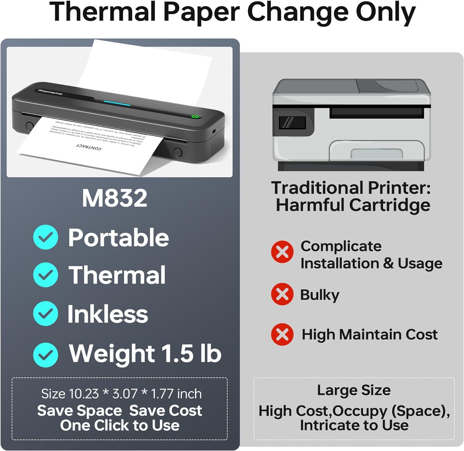 M832 Bluetooth Inkless Thermal Printer Support US Letter For Phone&Laptop lot