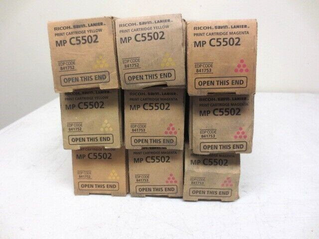 Lot of 9 !!! RICOH MP C5502 Toner 841752 Yellow 841753 Magenta