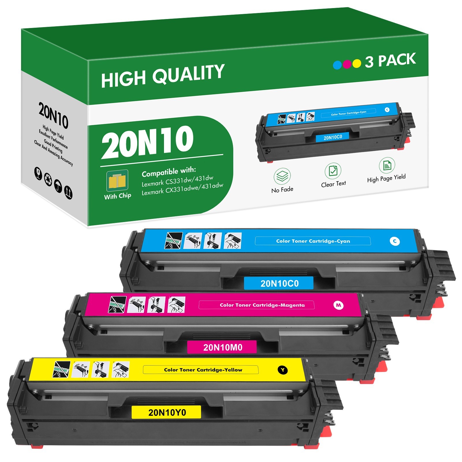 3 PACK High Yield CS331 CX331 Toner Cartridge w/ Chip 20N10K0 20N10C0 20N10M0