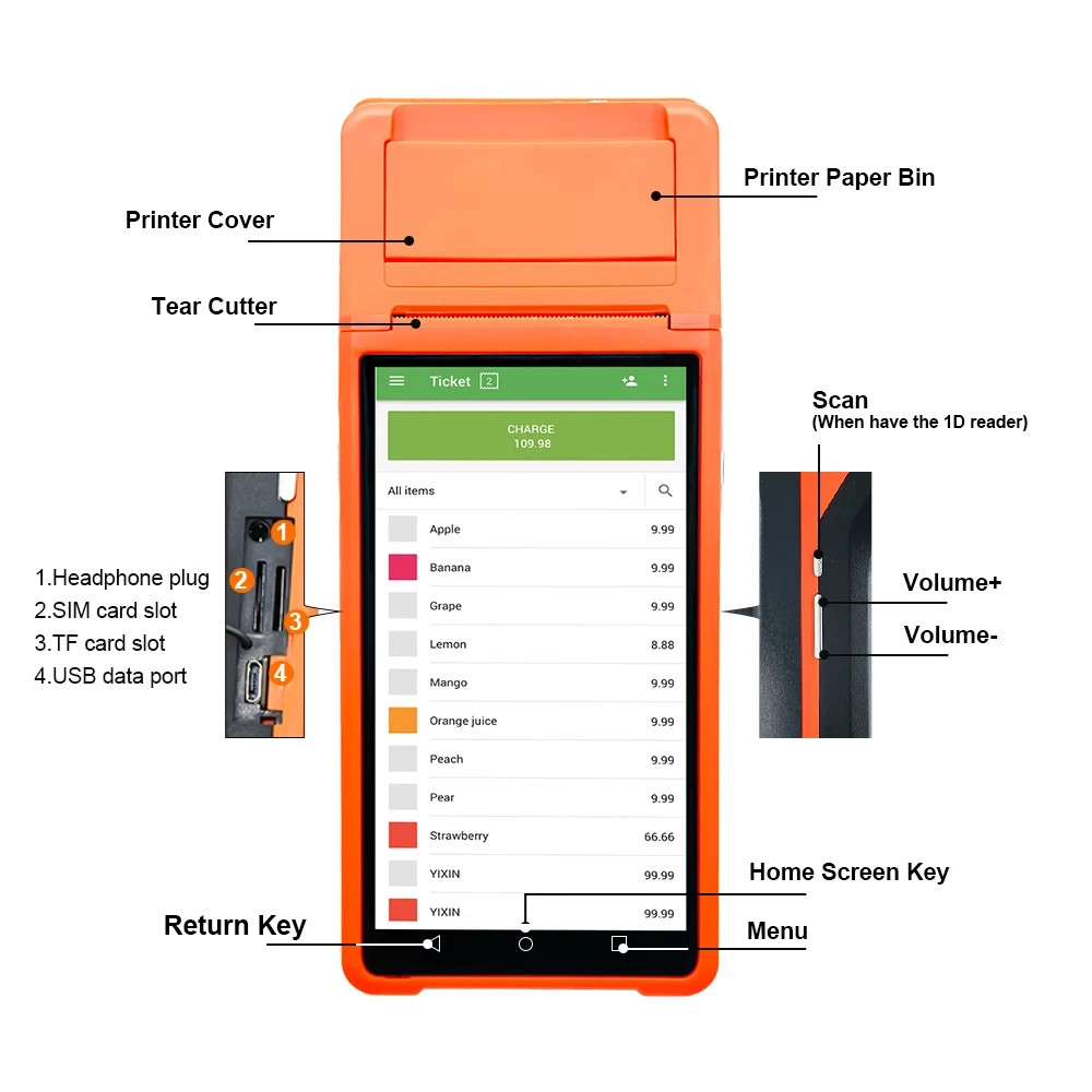 Android 11 Handheld POS Terminal 58mm Thermal Receipt Printer WiFi Bluetooth