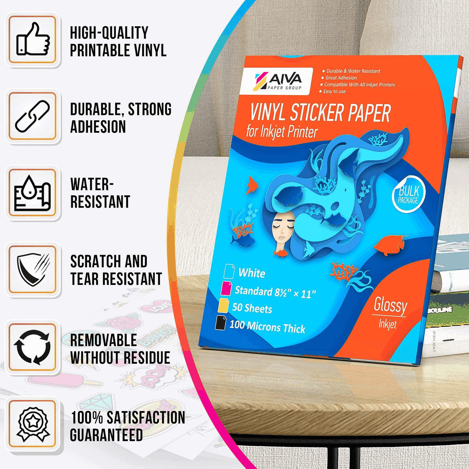 Printable Vinyl Sticker Paper Waterproof Decal Paper for Inkjet Printer 50 Sheet