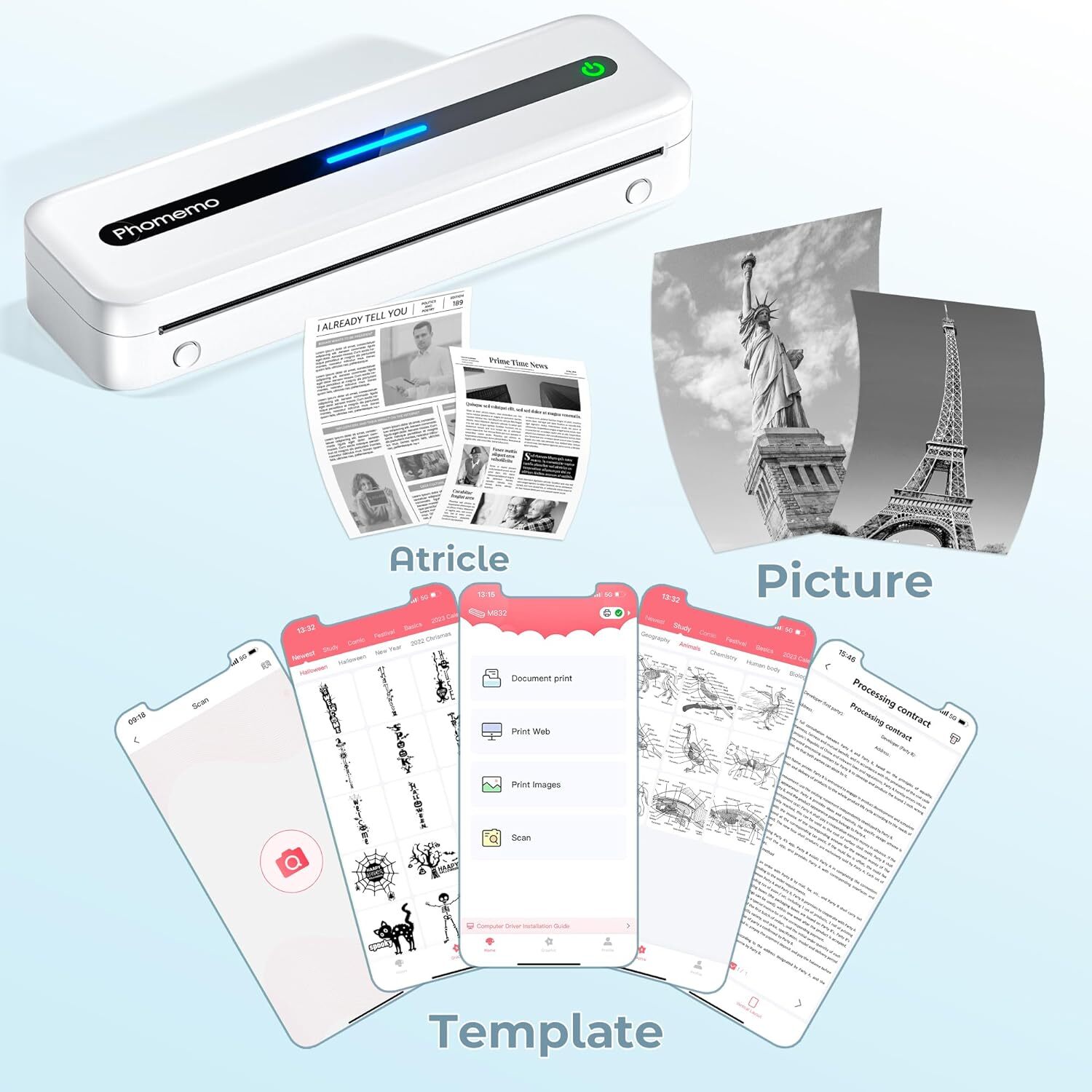 M832 Bluetooth Inkless Thermal Printer Support US Letter For Phone&Laptop lot