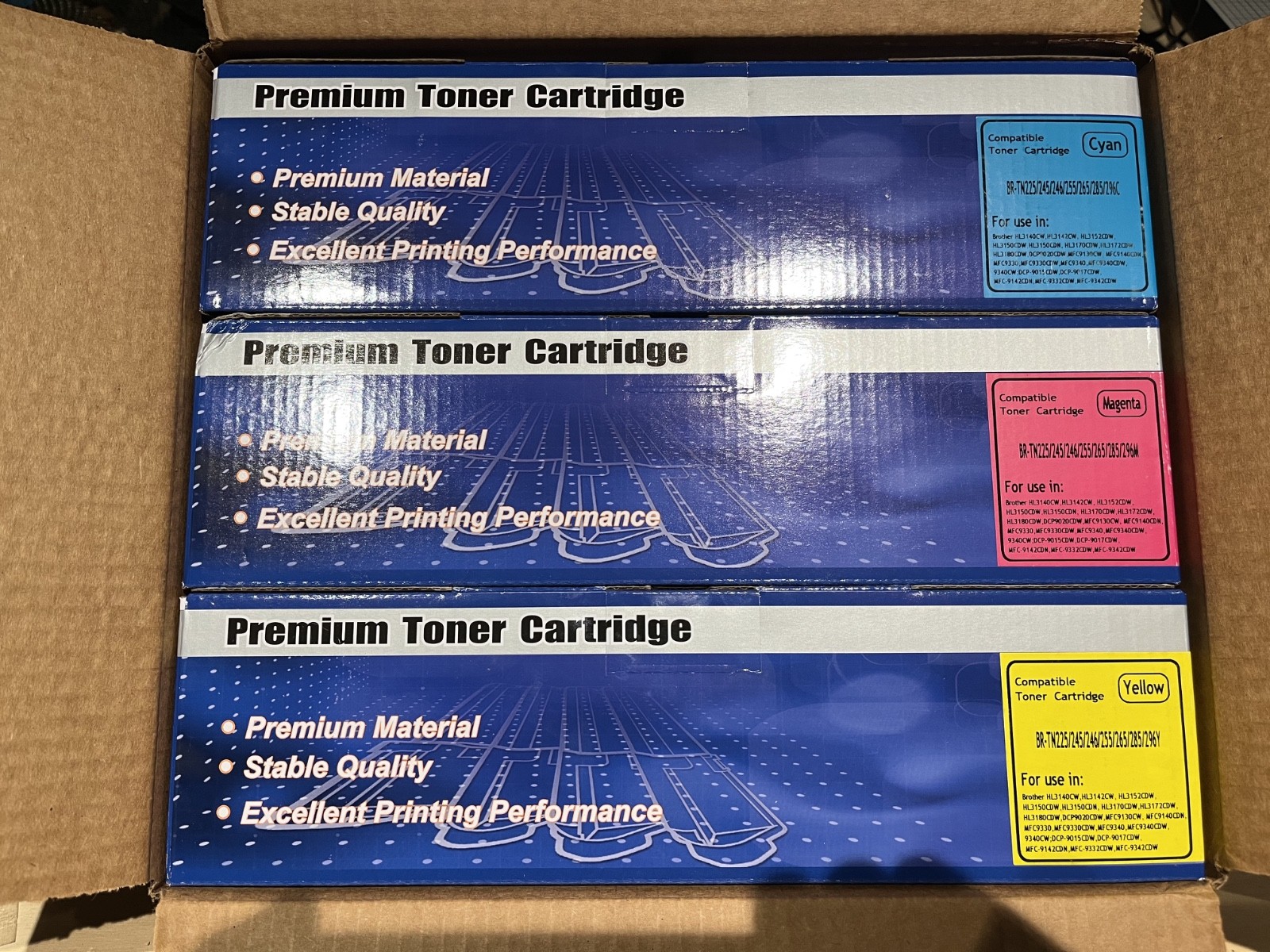 Brother compatible toner cartridges, Cyan, Magenta & Yellow, New in original box