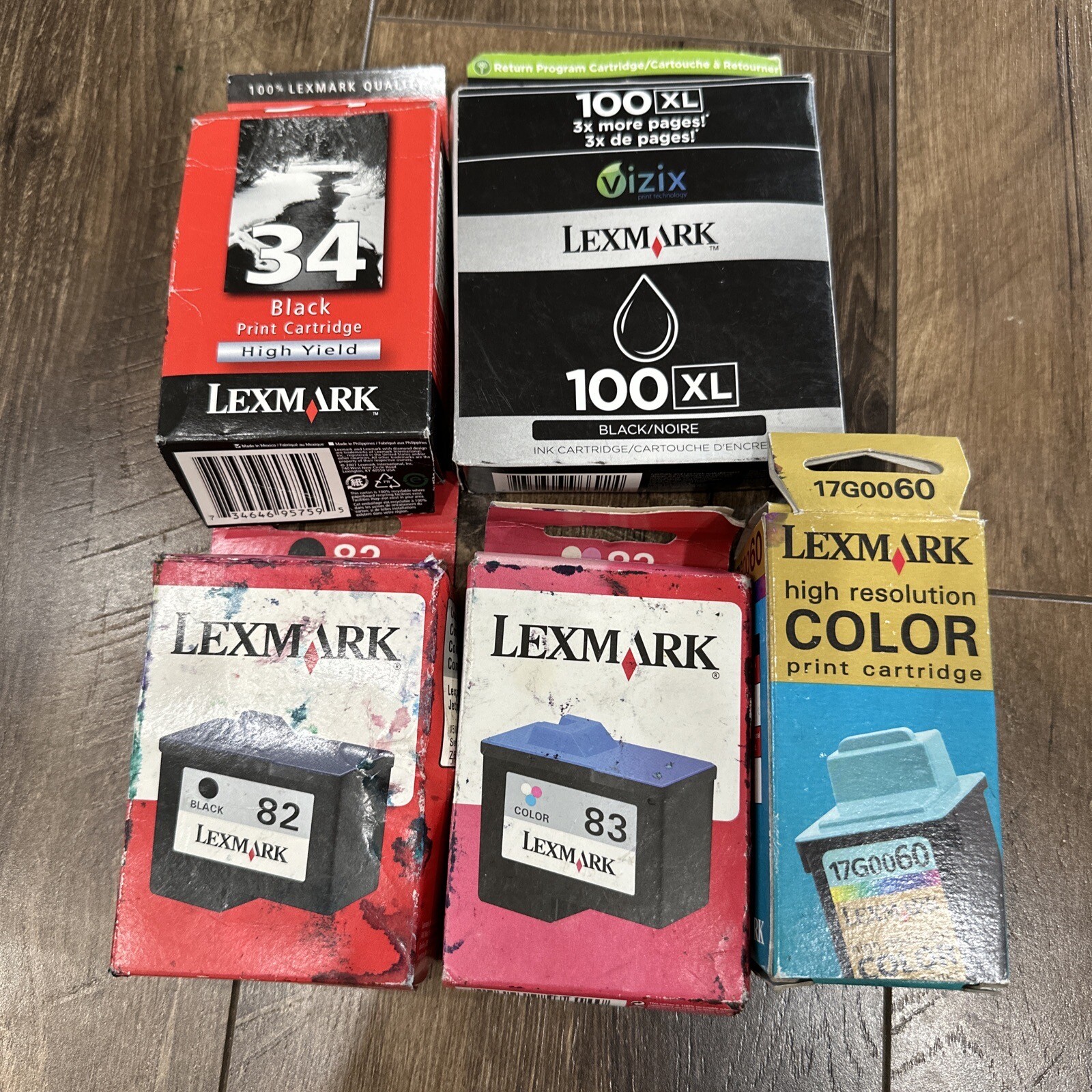 Lot Of 5 Lexmark 100 XL Genuine Black ink 100xl;82 Bk; 83 Tricolor; 34 Bk; 17G00