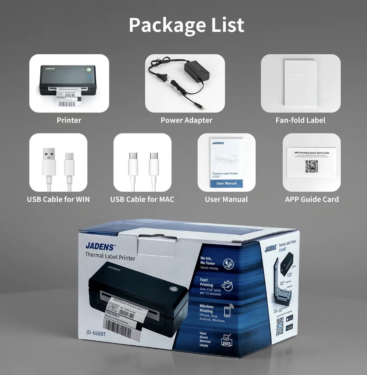 JADENS Bluetooth Thermal Label Printer Wireless Shipping Label Printer 4×6 USB