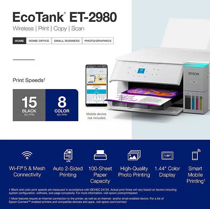 Epson EcoTank ET-2980 Wireless All-in-One Color Supertank Printer, White (C11CL4