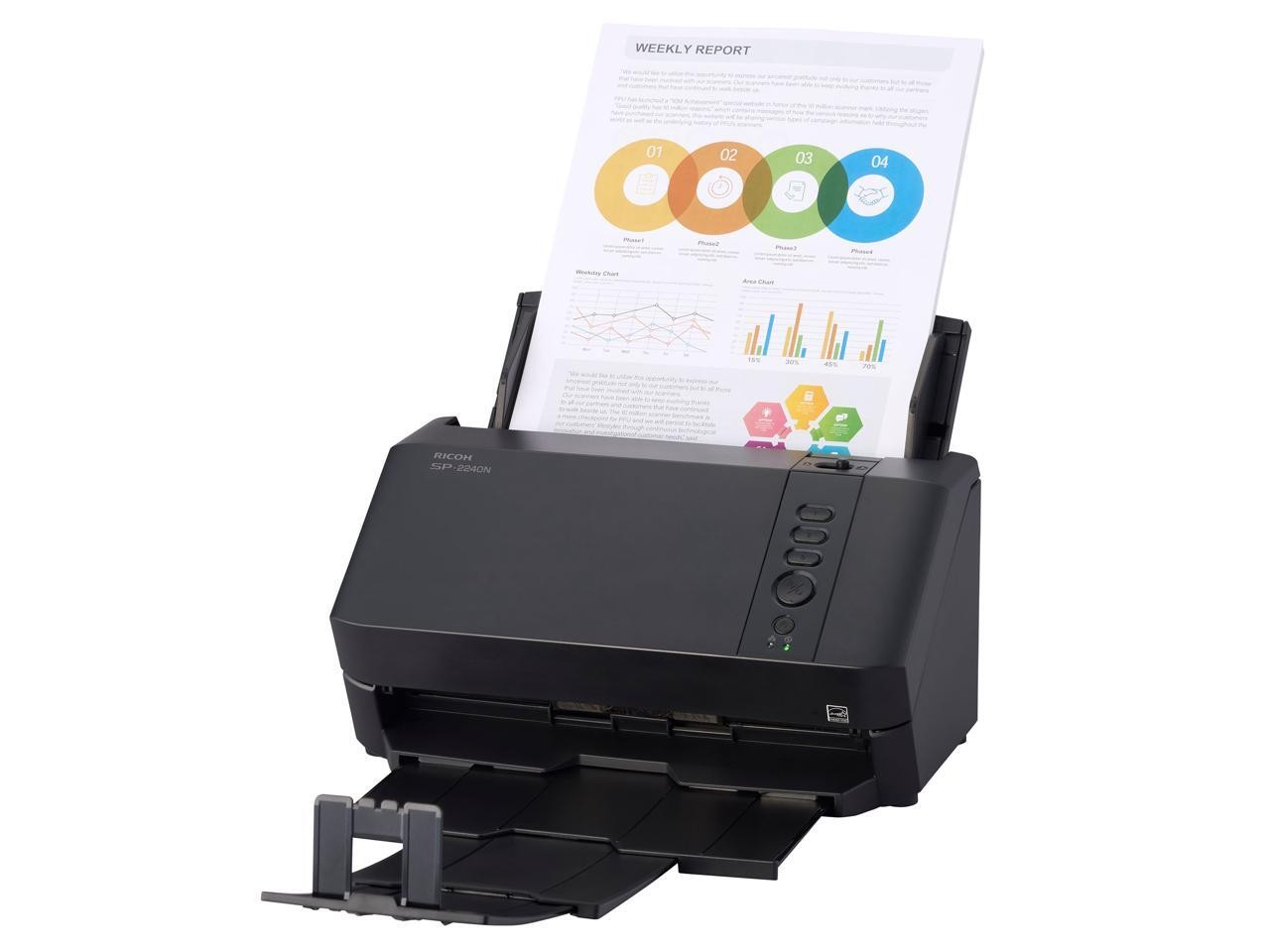 Ricoh SP-2240N Color: 24-bit, Grayscale: 8-bit, Monochrome: 1-bit CIS x 2 (front