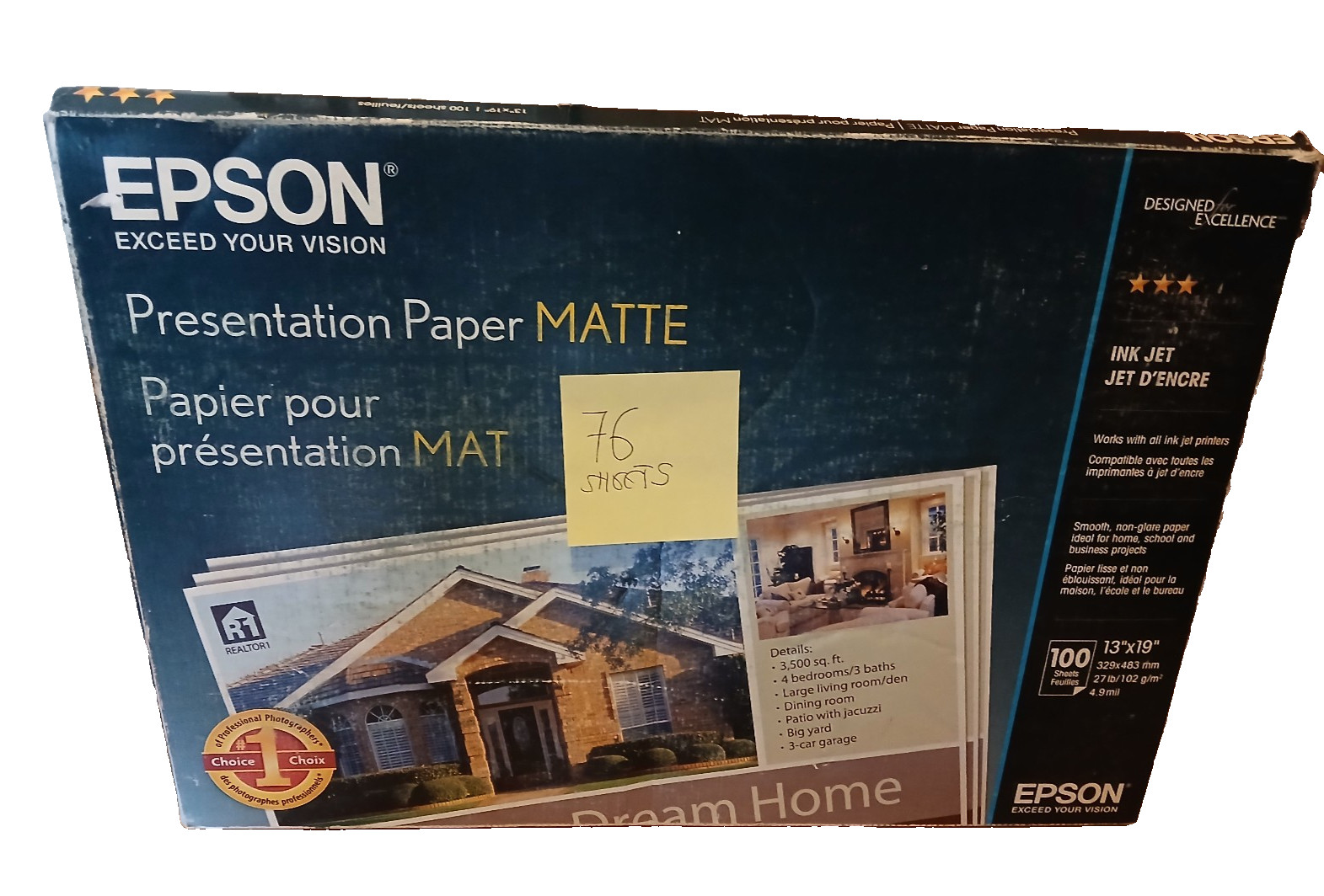 EPSON Ink Jet Presentation Paper Matte 13″x19″ 100 Sheets 27 lbs Open Box (76)