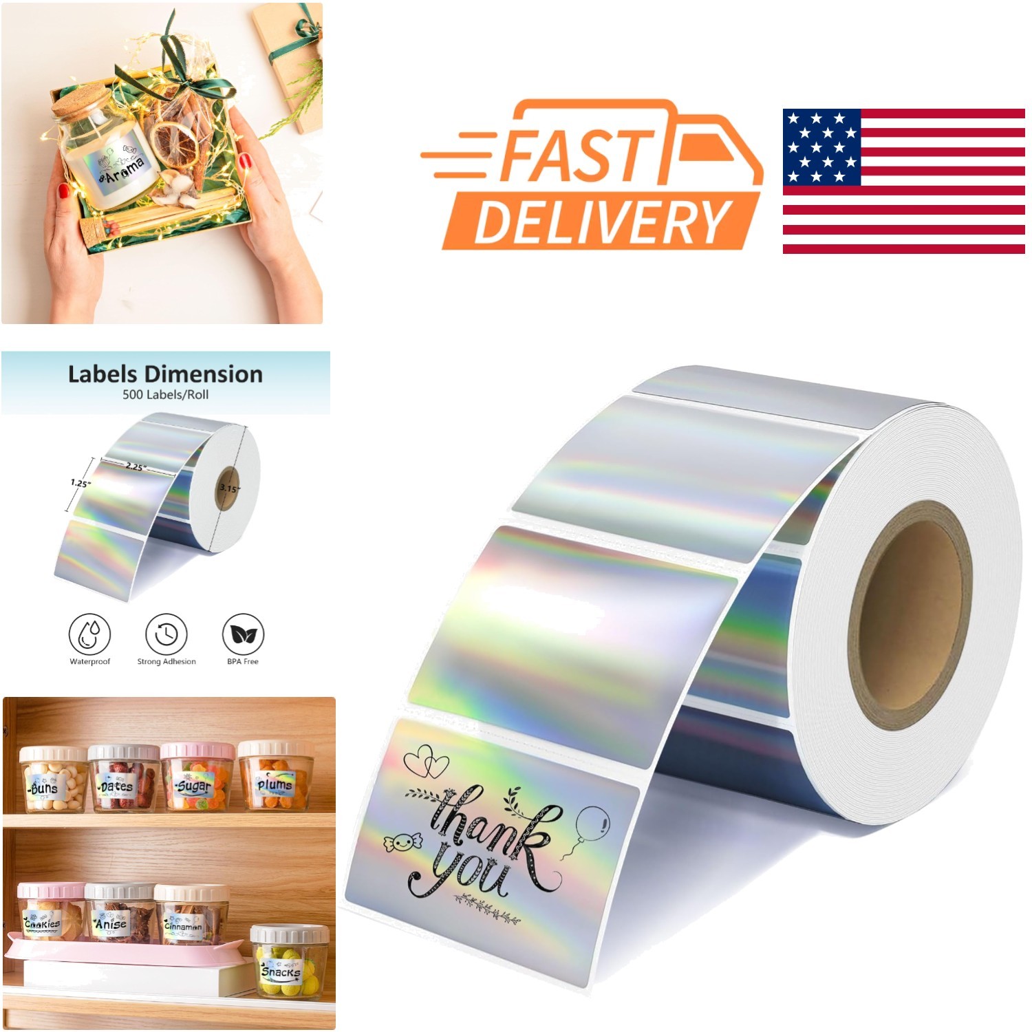 Durable Holographic Thermal Labels 500pcs 2.25×1.25 Inch for Address and QR Code