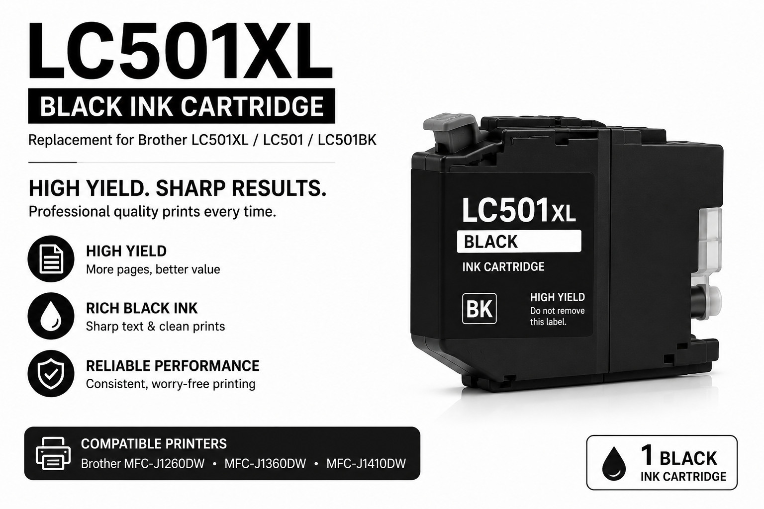 LC501XL Black Ink Cartridge Compatible for Brother Printers High Yield