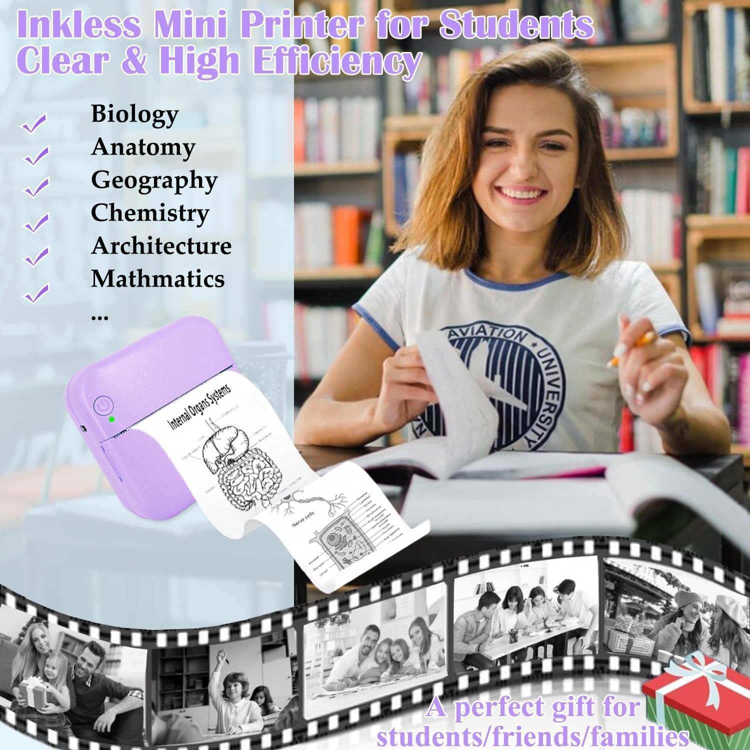 Compact Inkless Pocket Printer with 14 Paper Rolls, Bluetooth for iPhone/Android