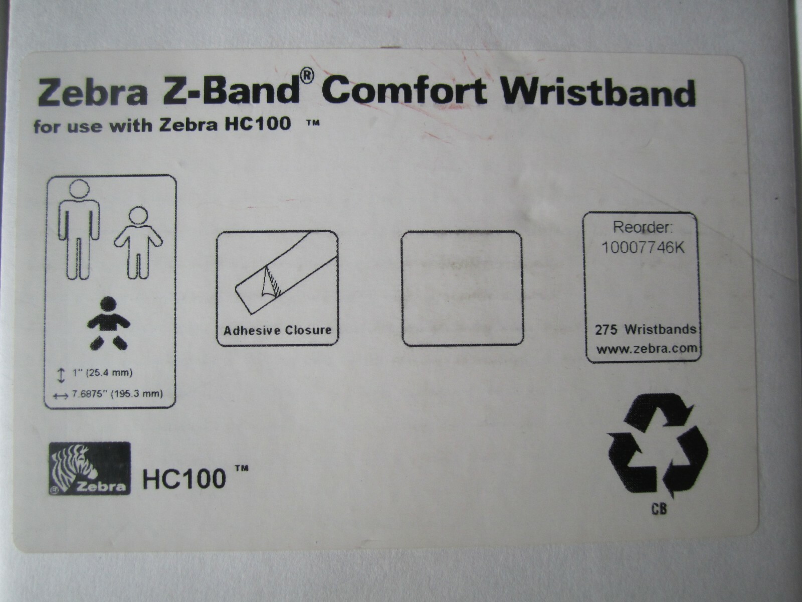 Zebra 10007746K HC100 Z-Band Comfort Polypropylene Wristband Cartridge 275 LABEL