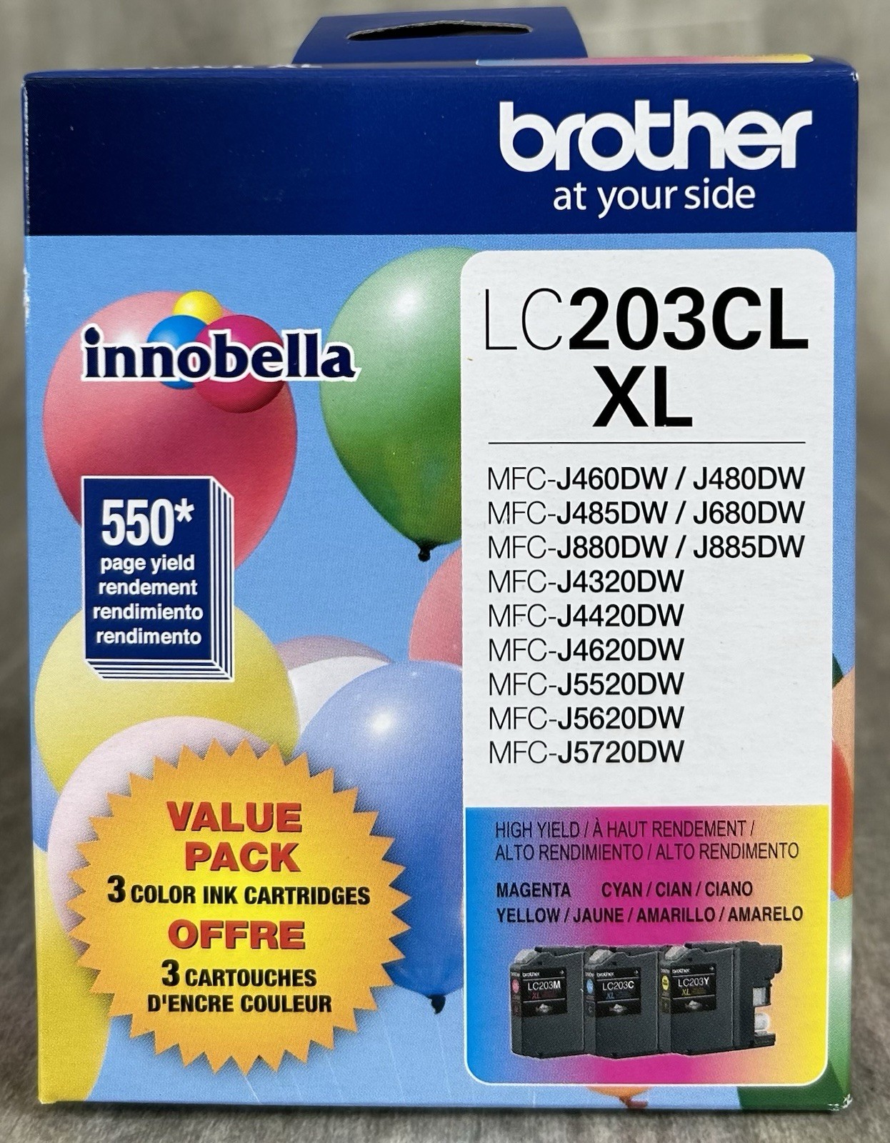 BROTHER LC203CL XL 3 PACK COLOR INK CARTRIDGES MAGENTA CYAN YELLOW EXPIRES 10/27