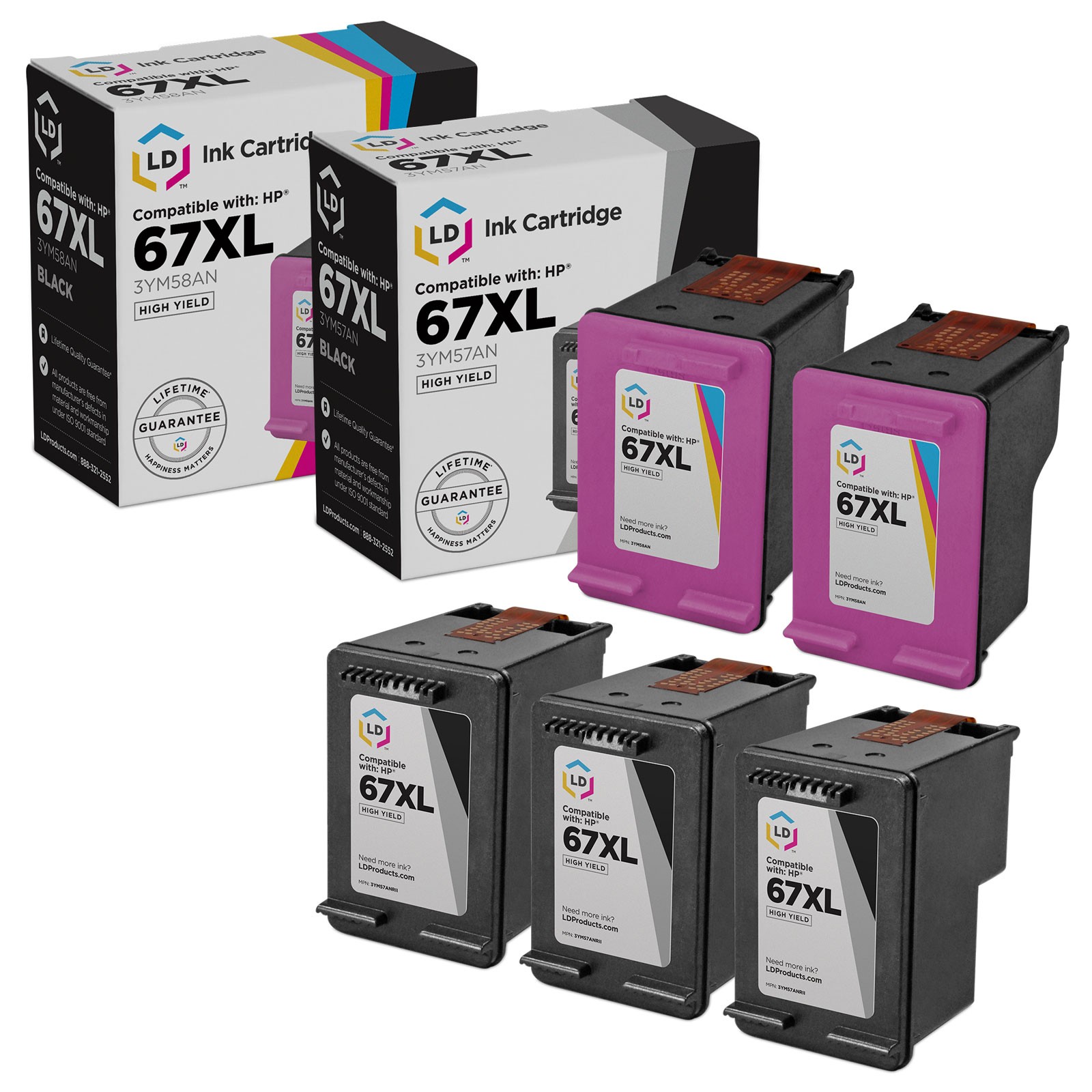 LD Replacement for HP 67XL HY Ink Cartridges 3 Black 3YM57AN 2 Color 3YM58AN 5PK